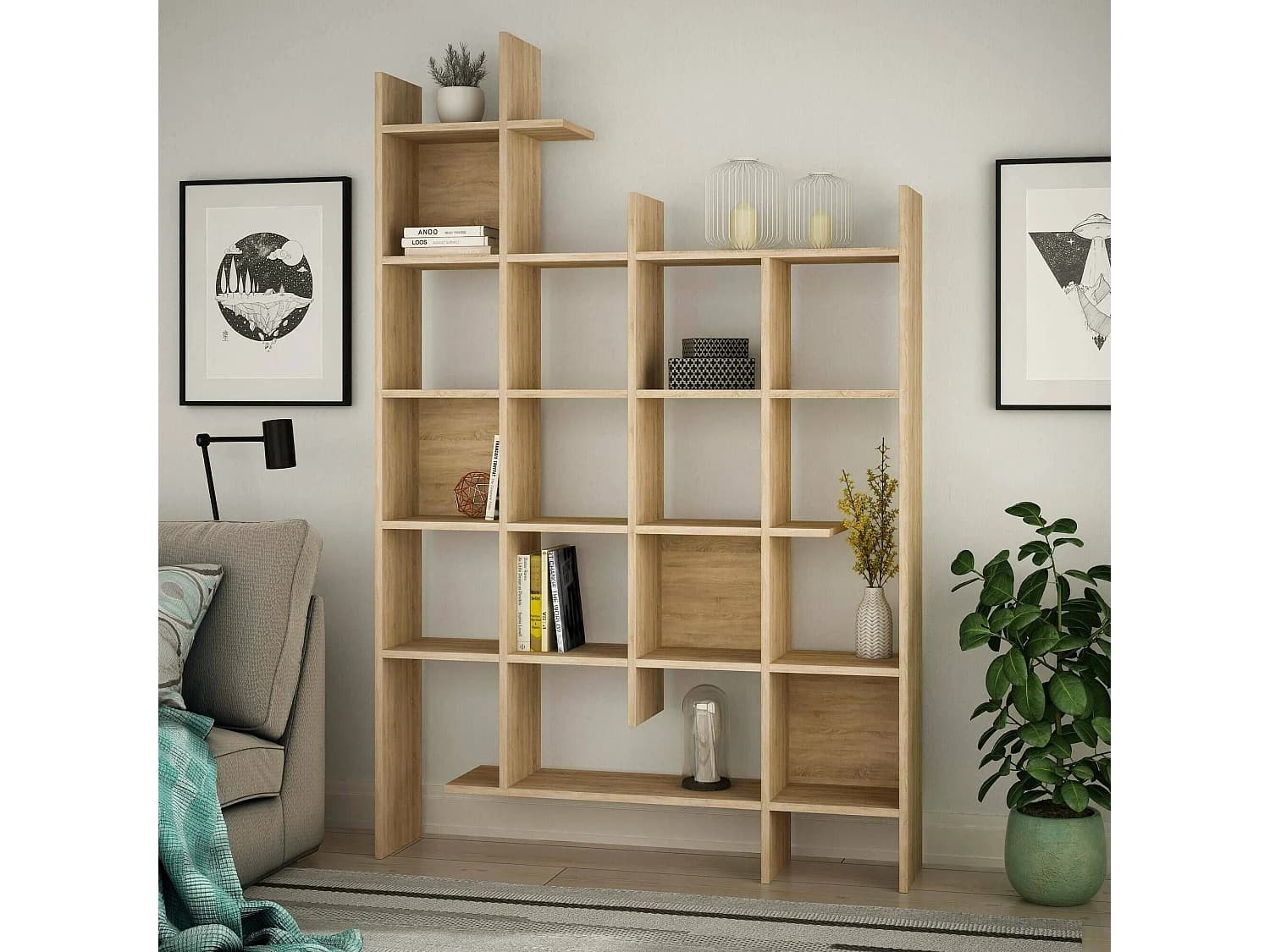 Bibliothèque Chertan, Etagère de bureau, Porte-livre mobile, Librairie, 122x26h188 cm, Chêne