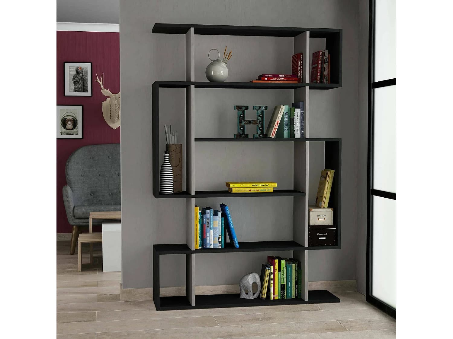 Bibliothèque Adhara, Etagère de bureau, Porte-livre mobile, Librairie, 110x26h161 cm, Anthracite et Beige