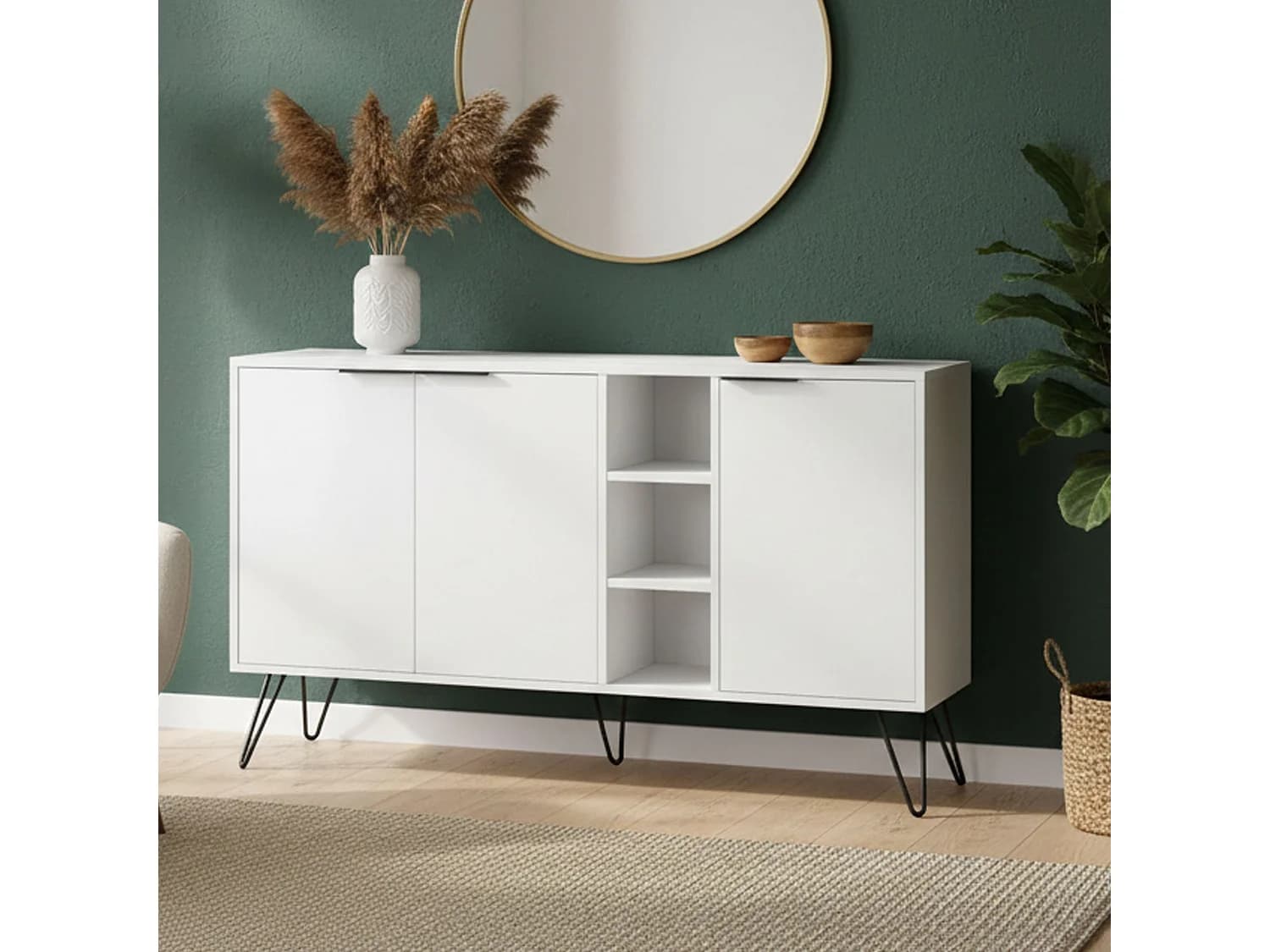 Buffet Perseus, Buffet du salon, Commode de salon, Garde-manger de cuisine, 142x36h83 cm, Blanc