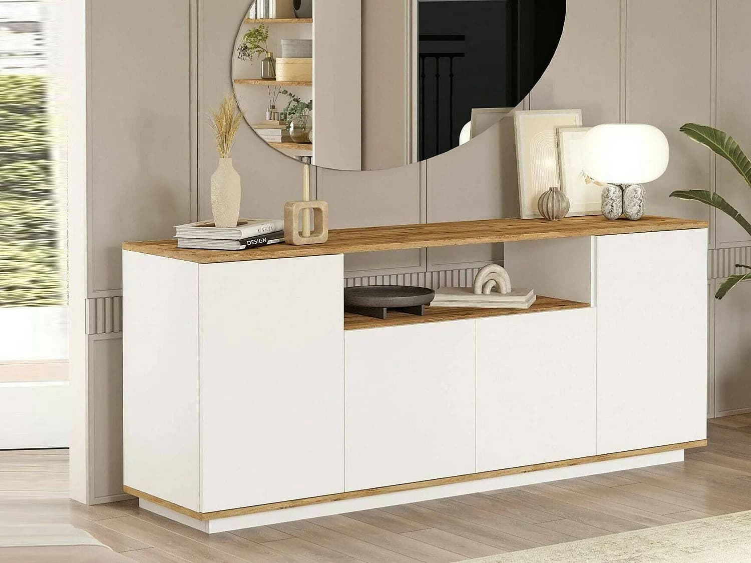 Buffet Nekkar, Buffet du salon, Commode de salon, Garde-manger de cuisine, 180x45h75 cm, Chêne et Blanc