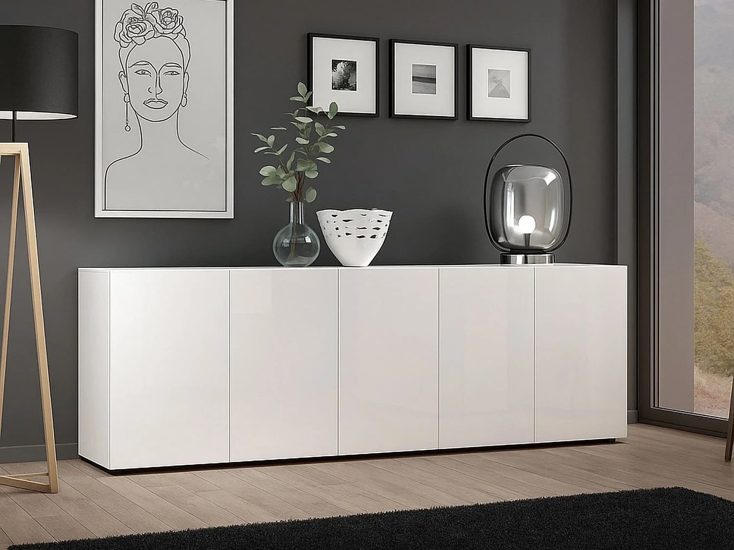 Buffet Komani, Buffet du salon, Commode de salon, Garde-manger de cuisine, Made in Italy, 225x38h79 cm, Blanc brillant
