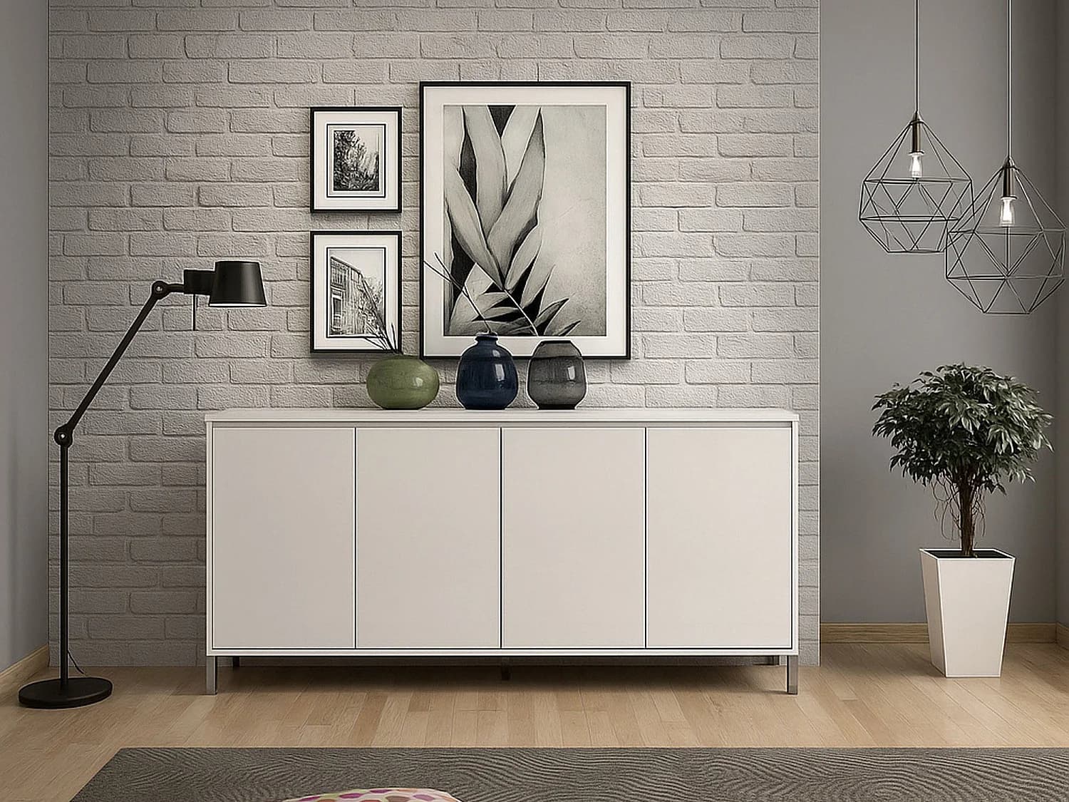 Buffet Pretoria, Buffet du salon, Commode de salon, Garde-manger de cuisine, Made in Italy, 184x40h90 cm, Blanc brillant et anthracite