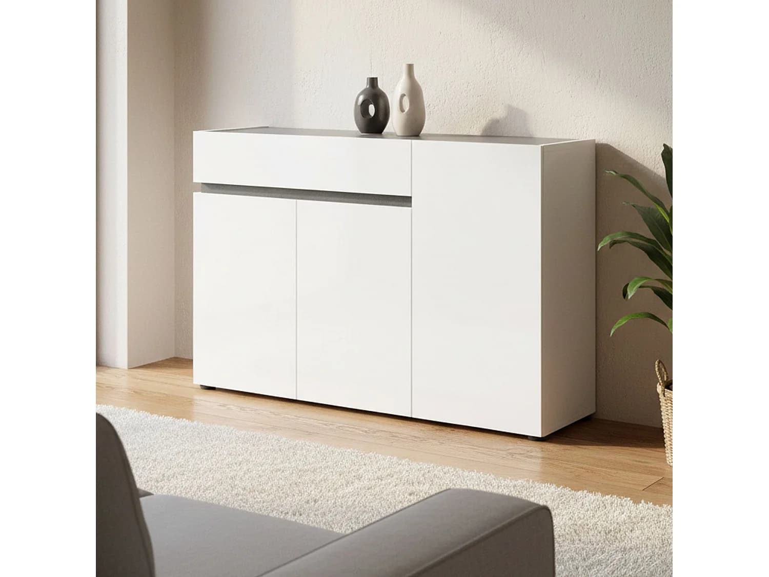 Buffet Bajardo, 2 étagères, fabrication italienne, 120x42x80h cm blanc brillant, bahut, un tiroir, 3 portes