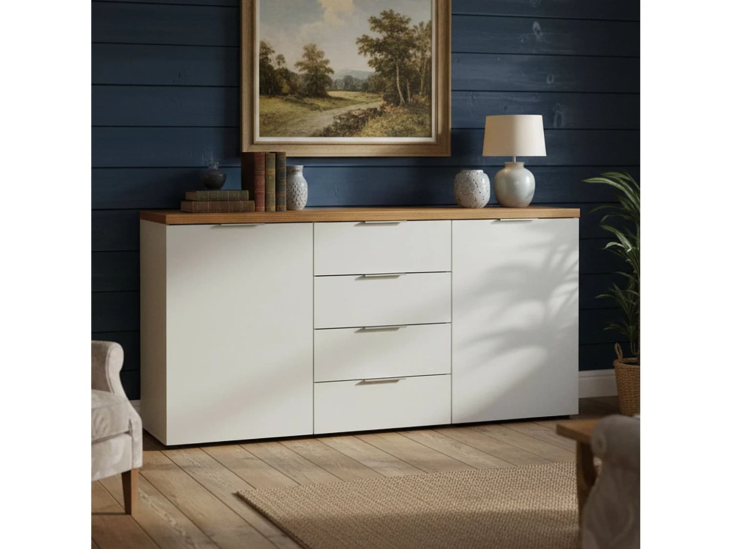 Buffet Satriano, 4 étagères, fabriqué en Italie, 180x43x89h cm blanc laqué, 4 tiroirs, 2 portes