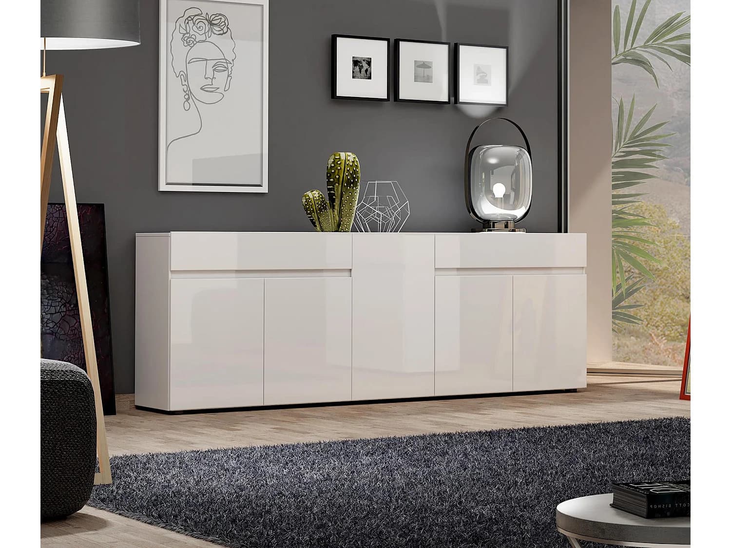 Buffet Bethal, Buffet du salon, Commode de salon, Garde-manger de cuisine, Made in Italy, 225x38h79 cm, Blanc brillant