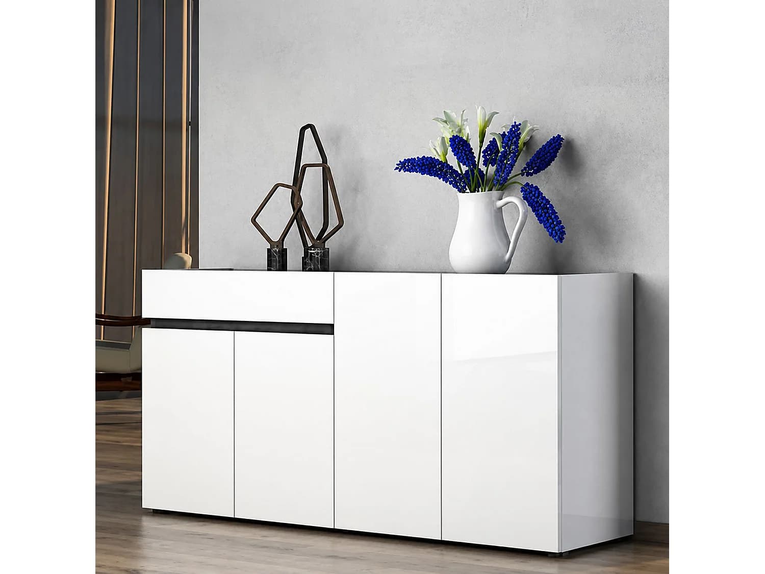 Buffet Beinette, 2 étagères, fabriqué en Italie, 160x42x80h cm blanc brillant, 1 tiroir, 4 portes
