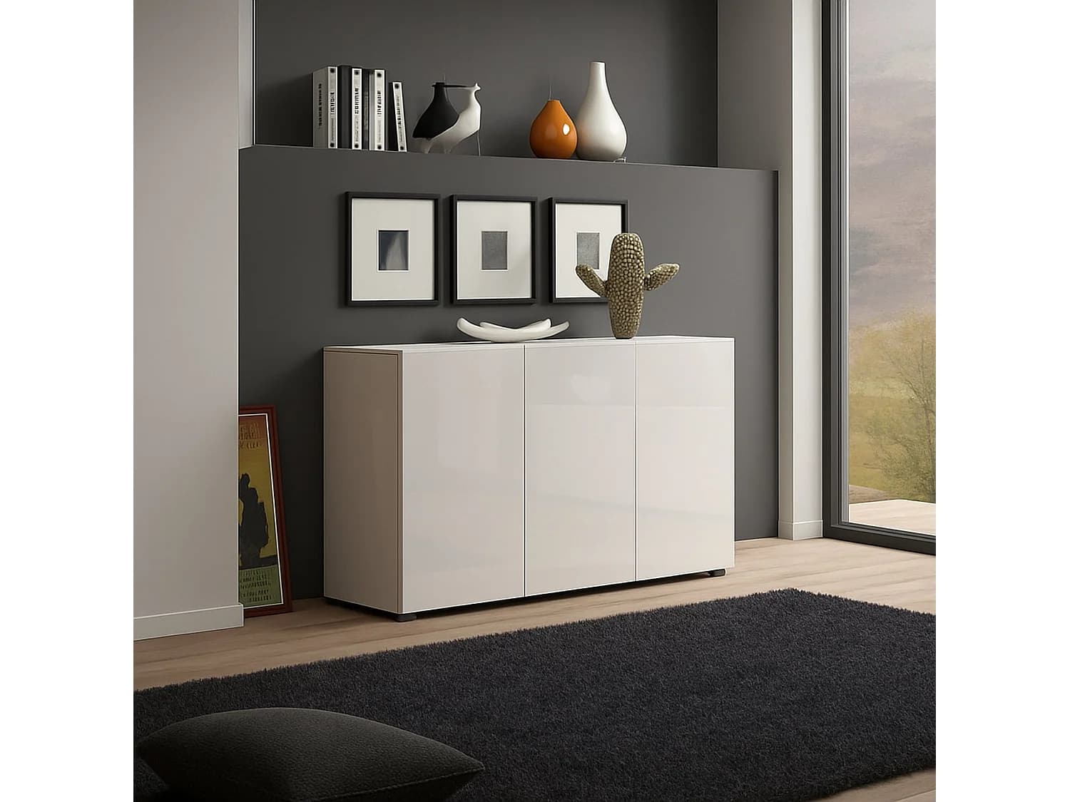 Buffet Polokwane, Buffet du salon, Commode de salon, Garde-manger de cuisine, Made in Italy, 135x38h79 cm, Blanc brillant