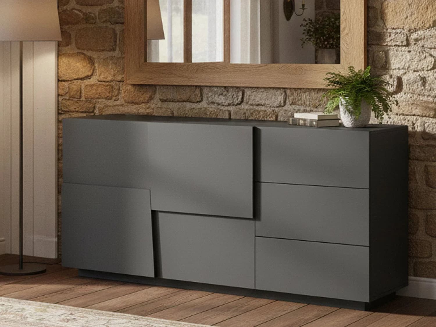 Buffet Xavier, Buffet de salon, Buffet de salon avec 2 portes et 3 tiroirs, 180x44h86 cm, Anthracite