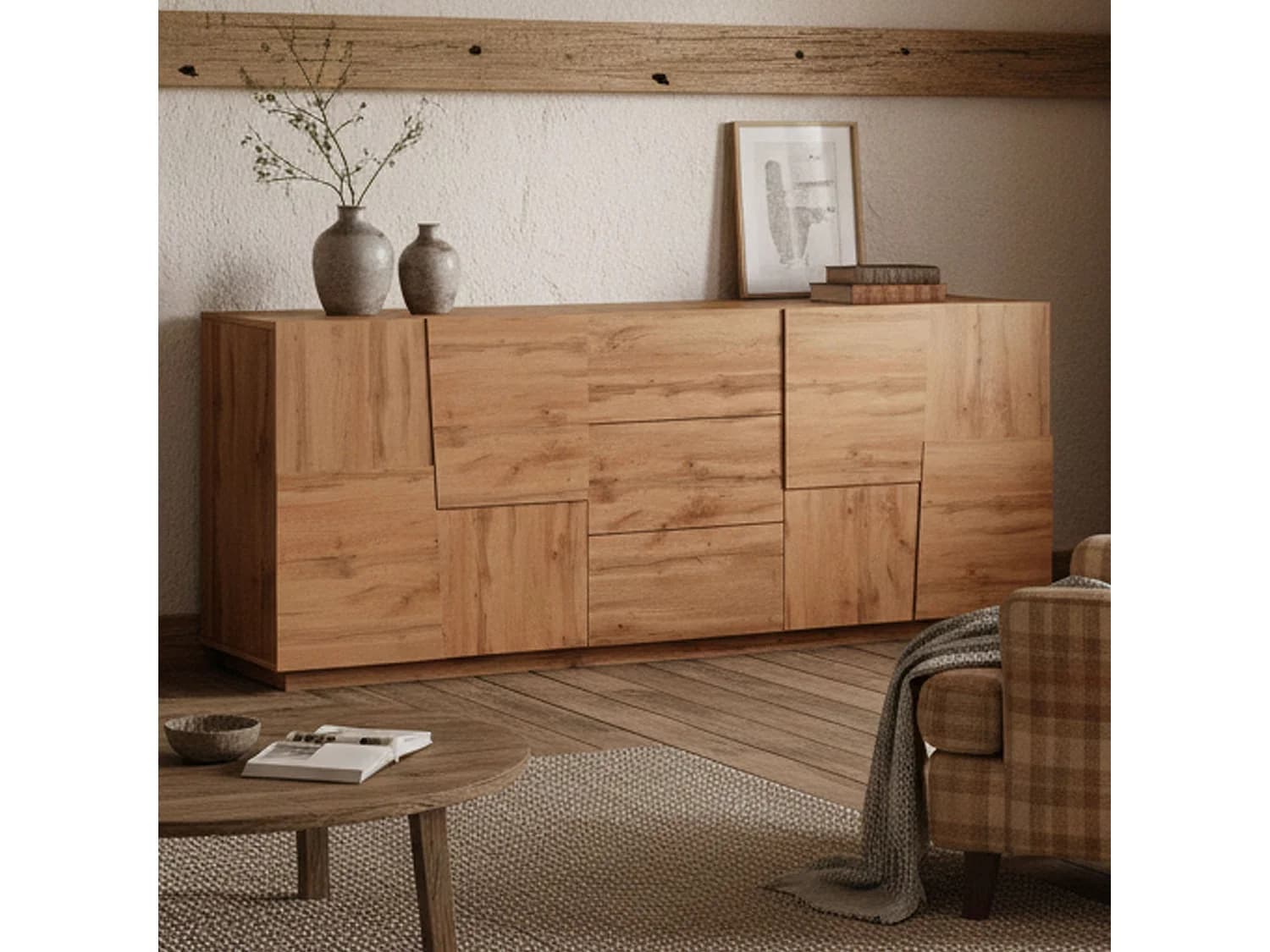 Buffet Yoel, Buffet de salon, Buffet de salon avec 4 portes et 3 tiroirs, 220x44h86 cm, Chêne