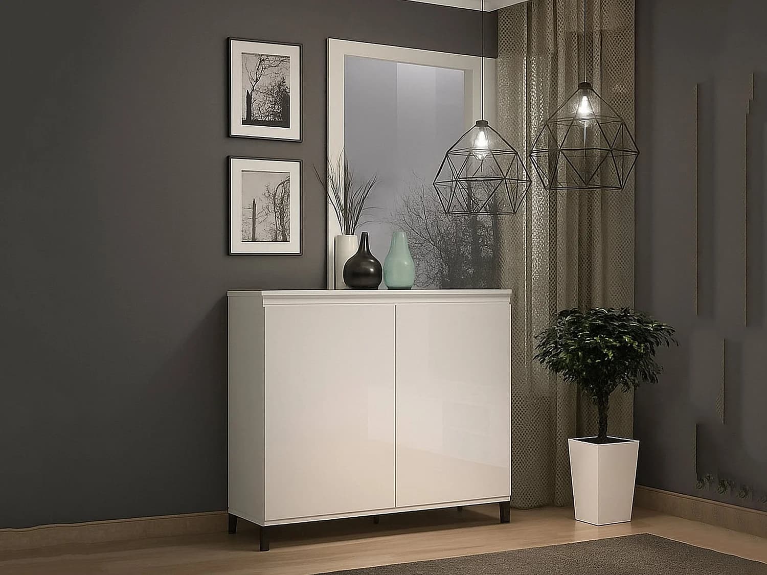 Buffet Abuja, Buffet du salon, Commode de salon, Garde-manger de cuisine, Made in Italy, 100x40h110 cm, Blanc brillant et anthracite