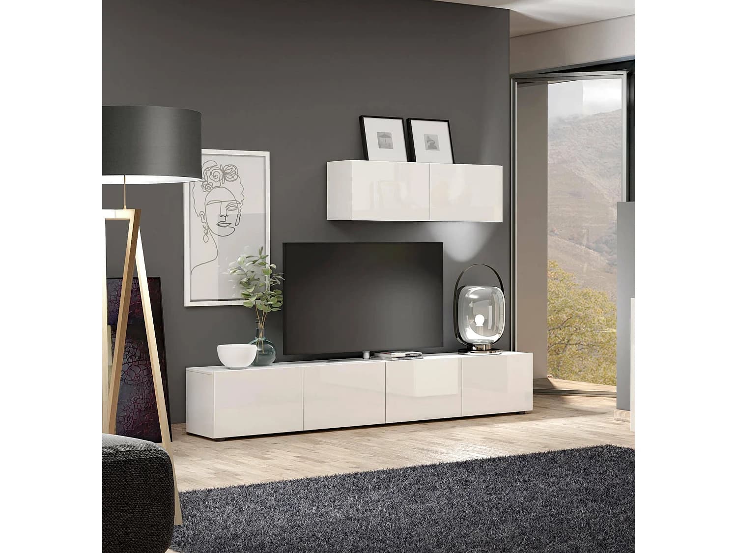 Meuble TV Randfontein, Buffet de salon, Armoire basse pour TV, Base murale de rangement, Made in Italy, 225x38h39 cm, Blanc brillant