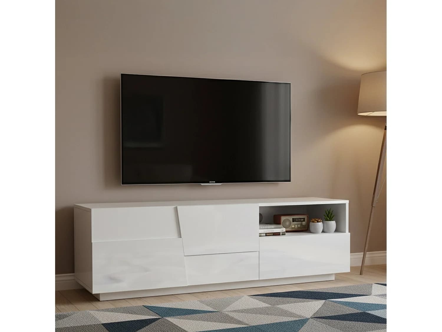 Meuble TV Velio, Buffet bas de salon avec 2 portes et 1 tiroir, Base meuble TV, 150x44h46 cm, Blanc brillant