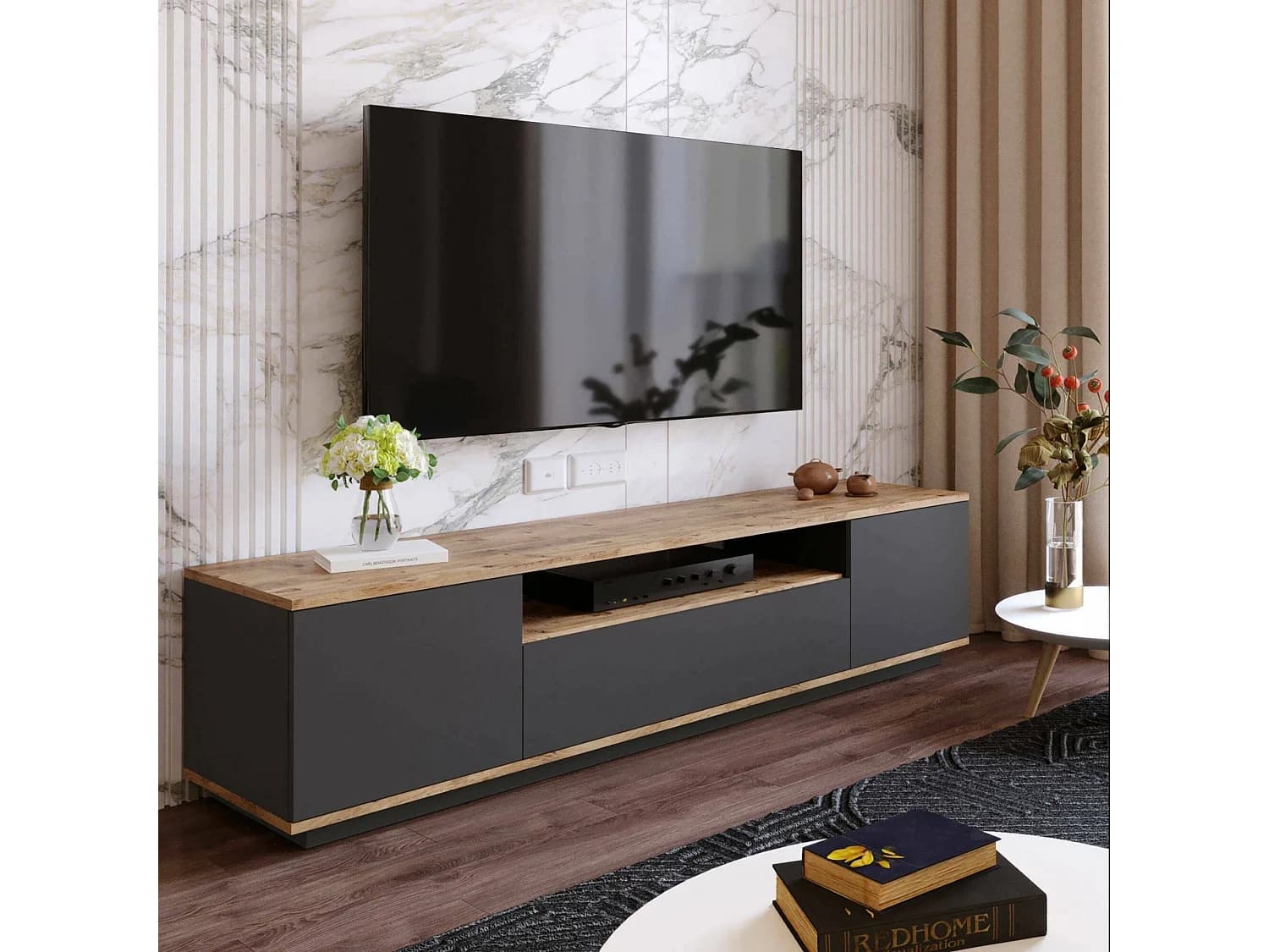 Meuble TV Sinope, Buffet de salon, Armoire basse pour TV, Base murale de rangement, 180x45h45 cm, Chêne et Anthracite