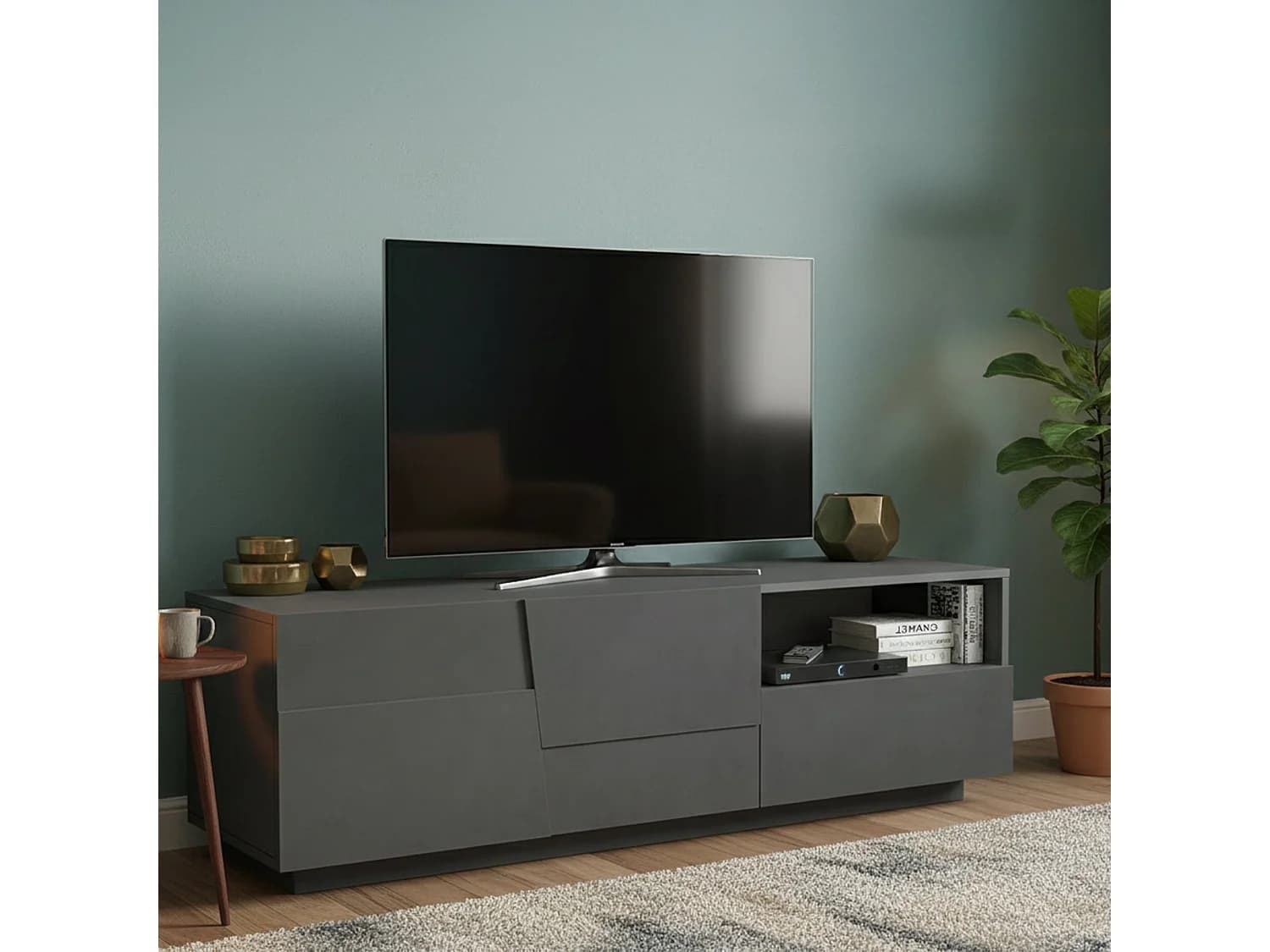 Meuble TV Velio, Buffet bas de salon avec 2 portes et 1 tiroir, Base meuble TV, 150x44h46 cm, Anthracite