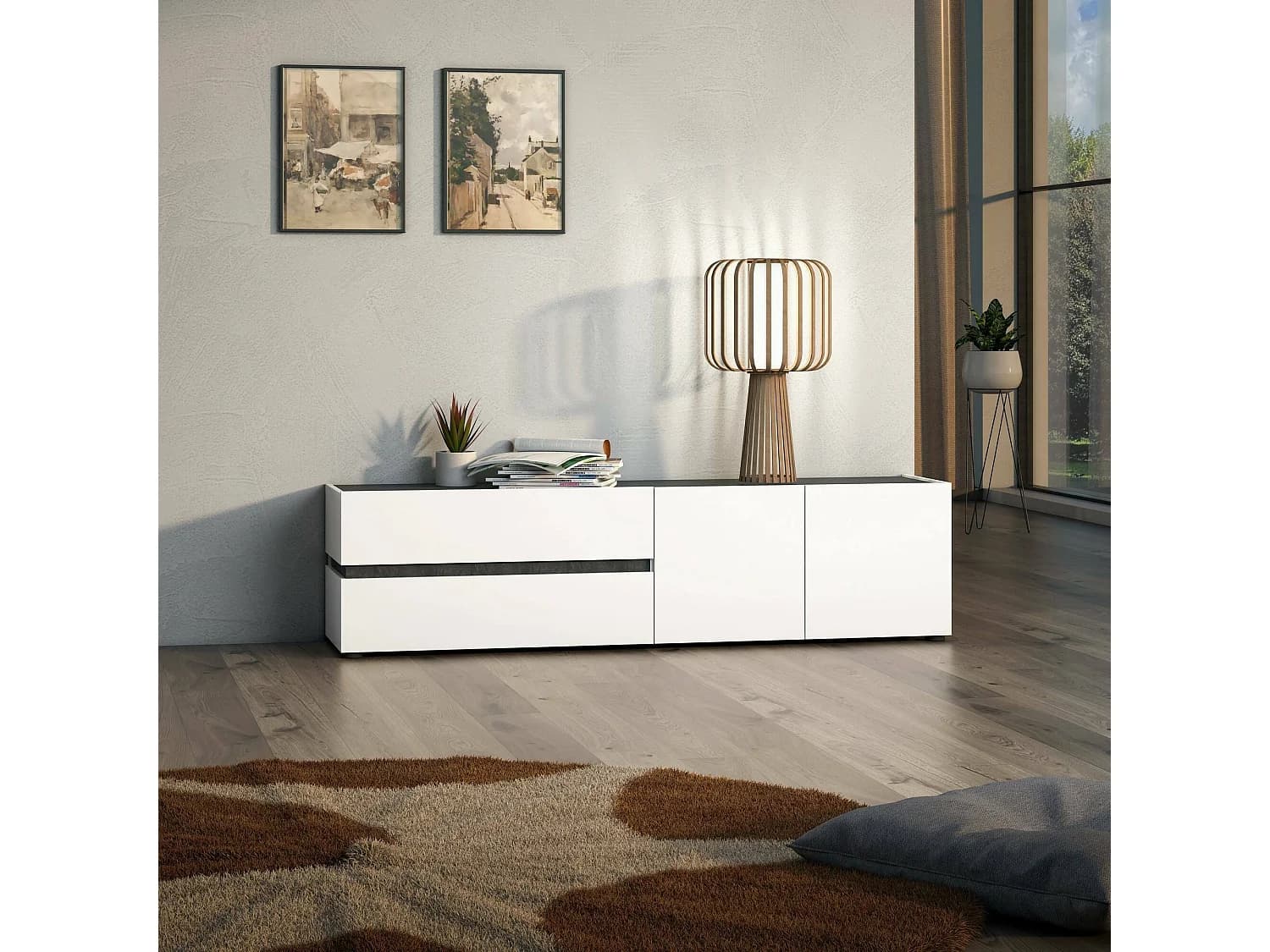 Meuble TV basique, 2 tiroirs, fabriqué en Italie, 180x47x43h cm, blanc brillant, une étagère, ouverture à battant