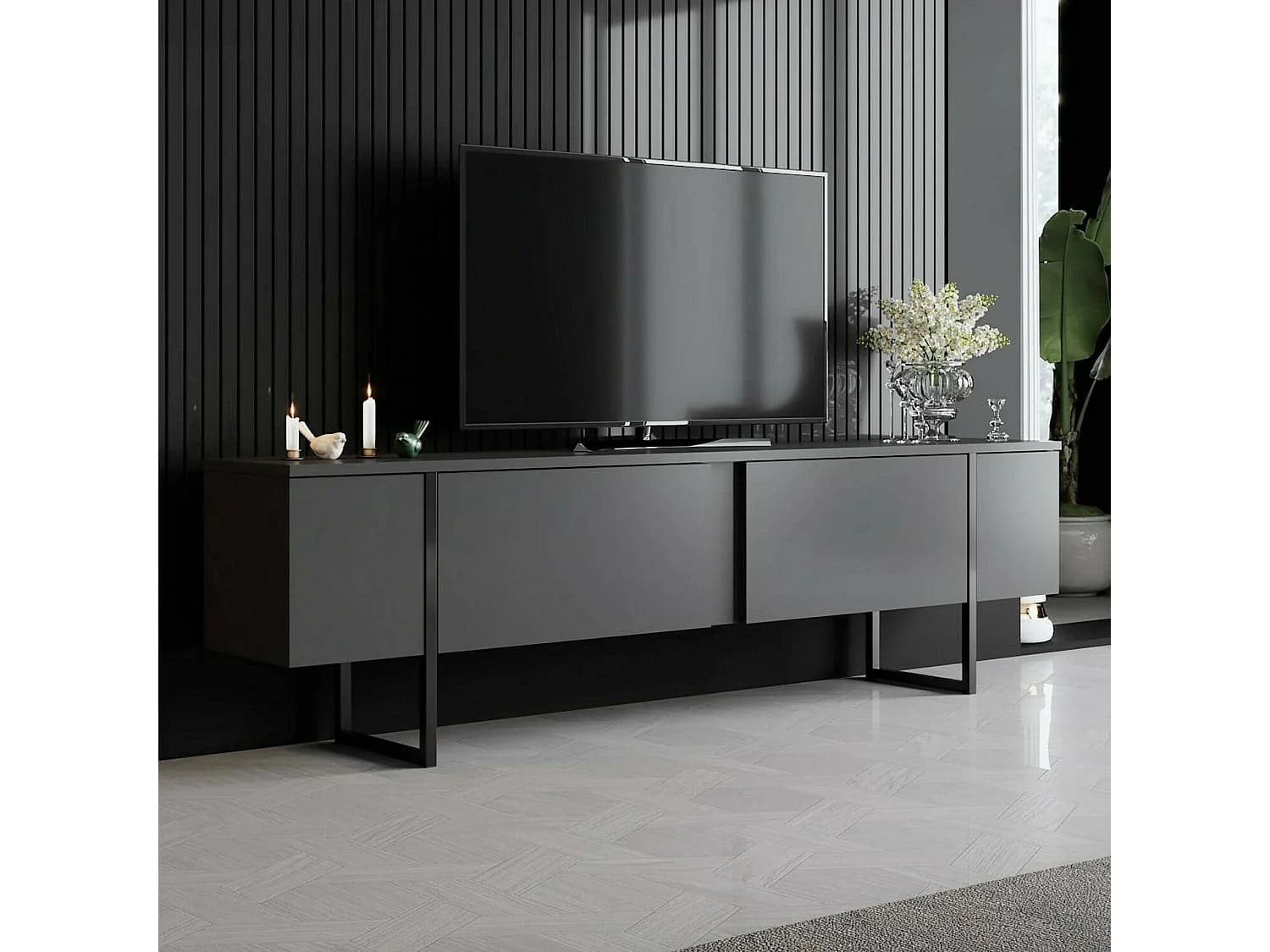 Meuble TV Abishia, une étagère, 180x30x50h cm noir anthracite, 2 portes, 3 compartiments
