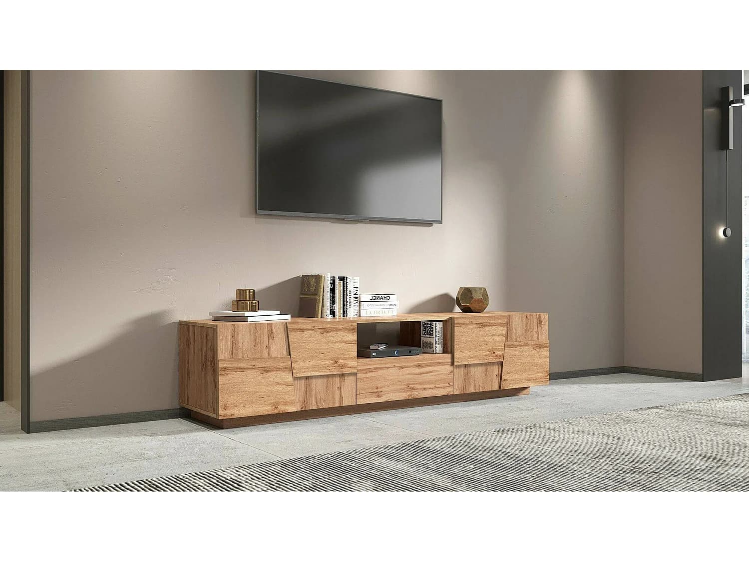 Meuble TV Vanni, Buffet bas de salon avec 4 portes et 1 tiroir, base meuble TV, 220x44h46 cm, Chêne