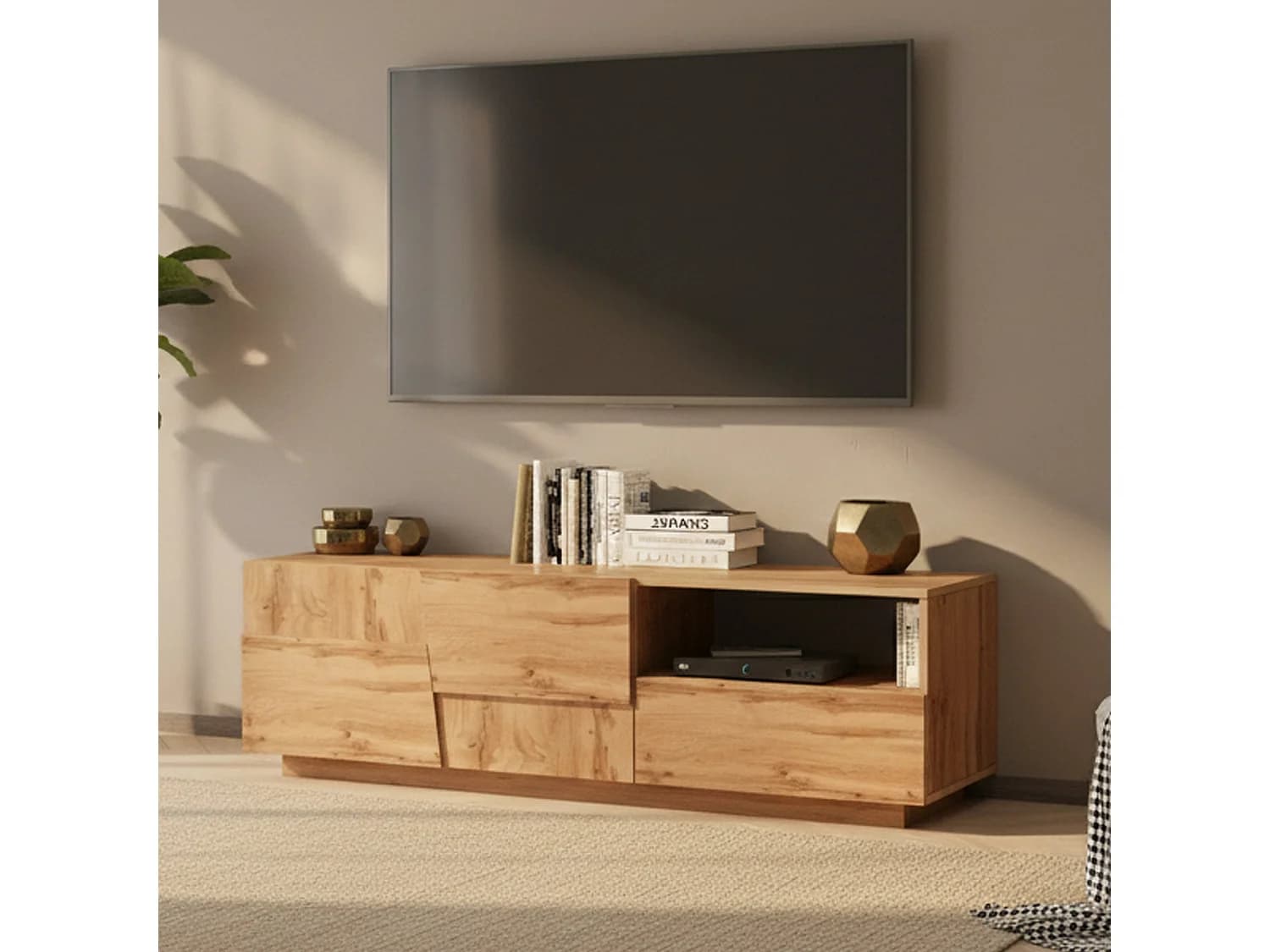 Meuble TV Velio, Buffet bas de salon avec 2 portes et 1 tiroir, base meuble TV, 150x44h46 cm, Chêne