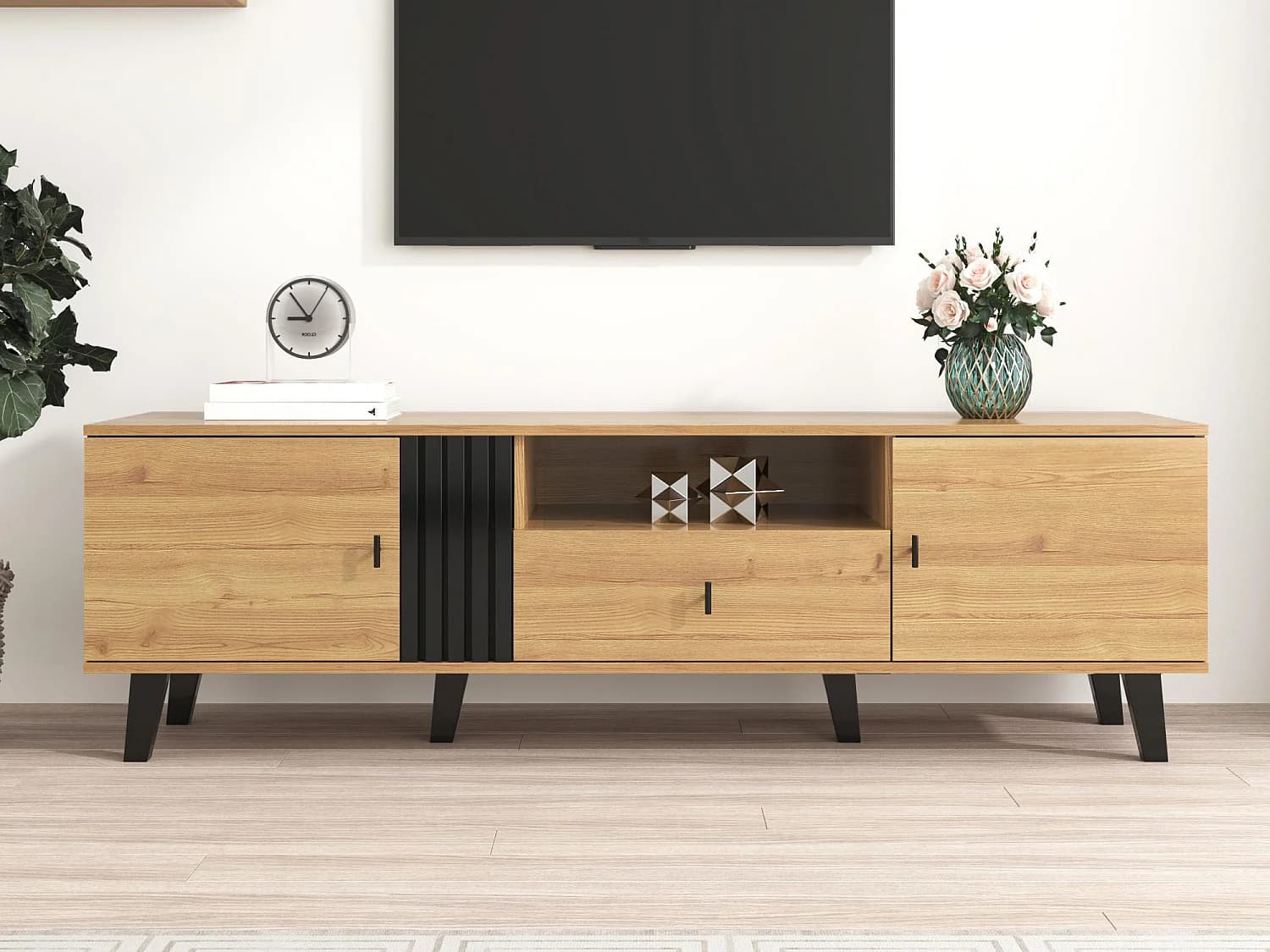 Meuble TV 170cm - 1 tiroir 1 niche 2 portes - Naturel & Noir