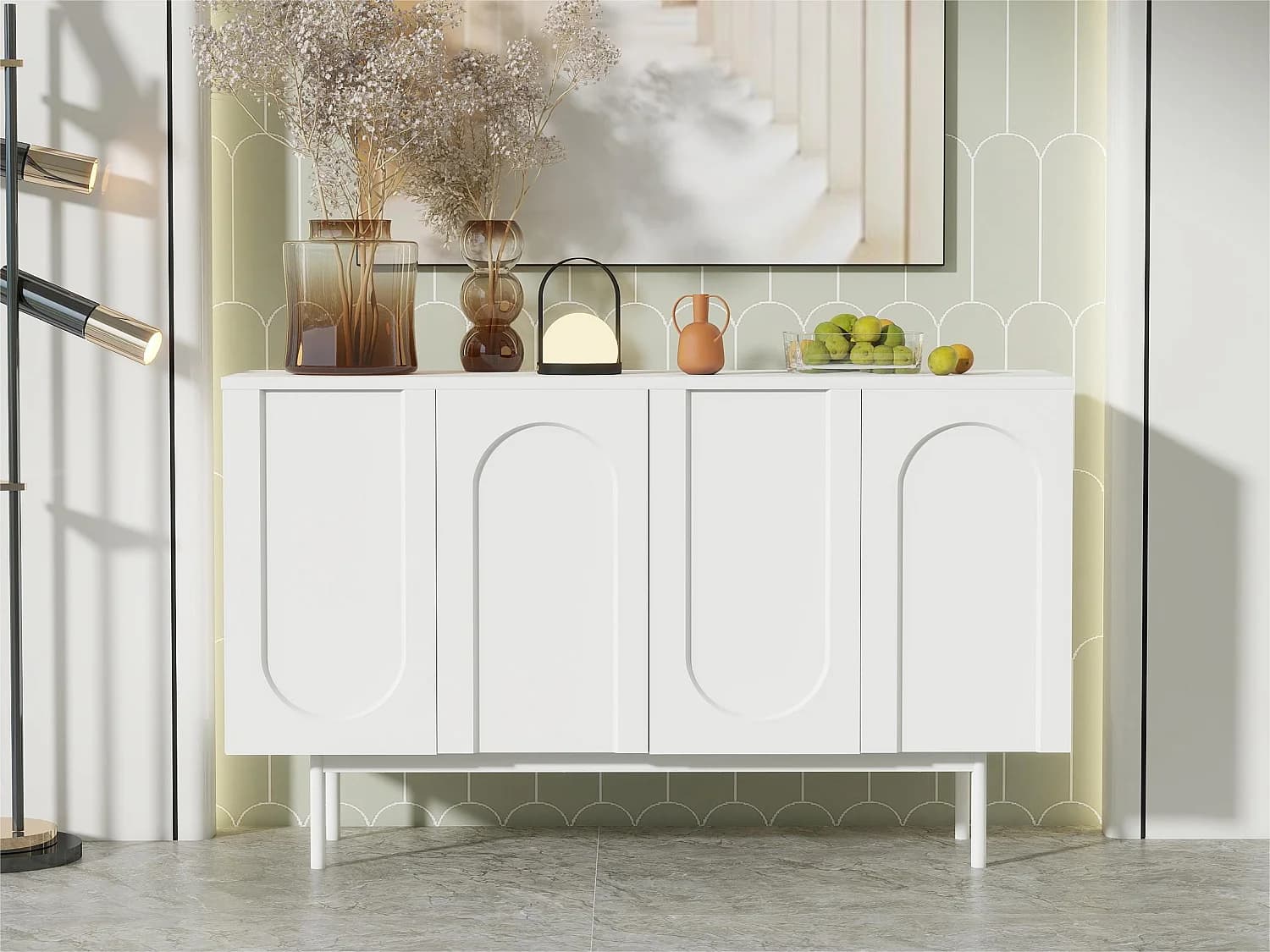 Buffet moderne avec étagères réglables - portes à motif d'arc - MDF - Blanc