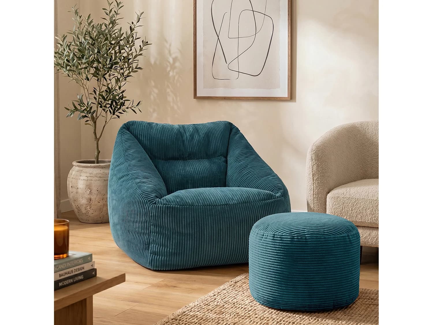 Pouf fauteuil avec repose-pied rond velours côtelé bleu canard, salon ou chambre - NATALIA