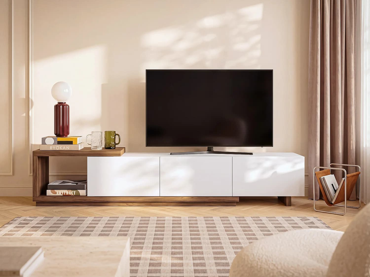 Meuble TV avec 3 tiroirs et 1 niche - Blanc et naturel - DUKIAN