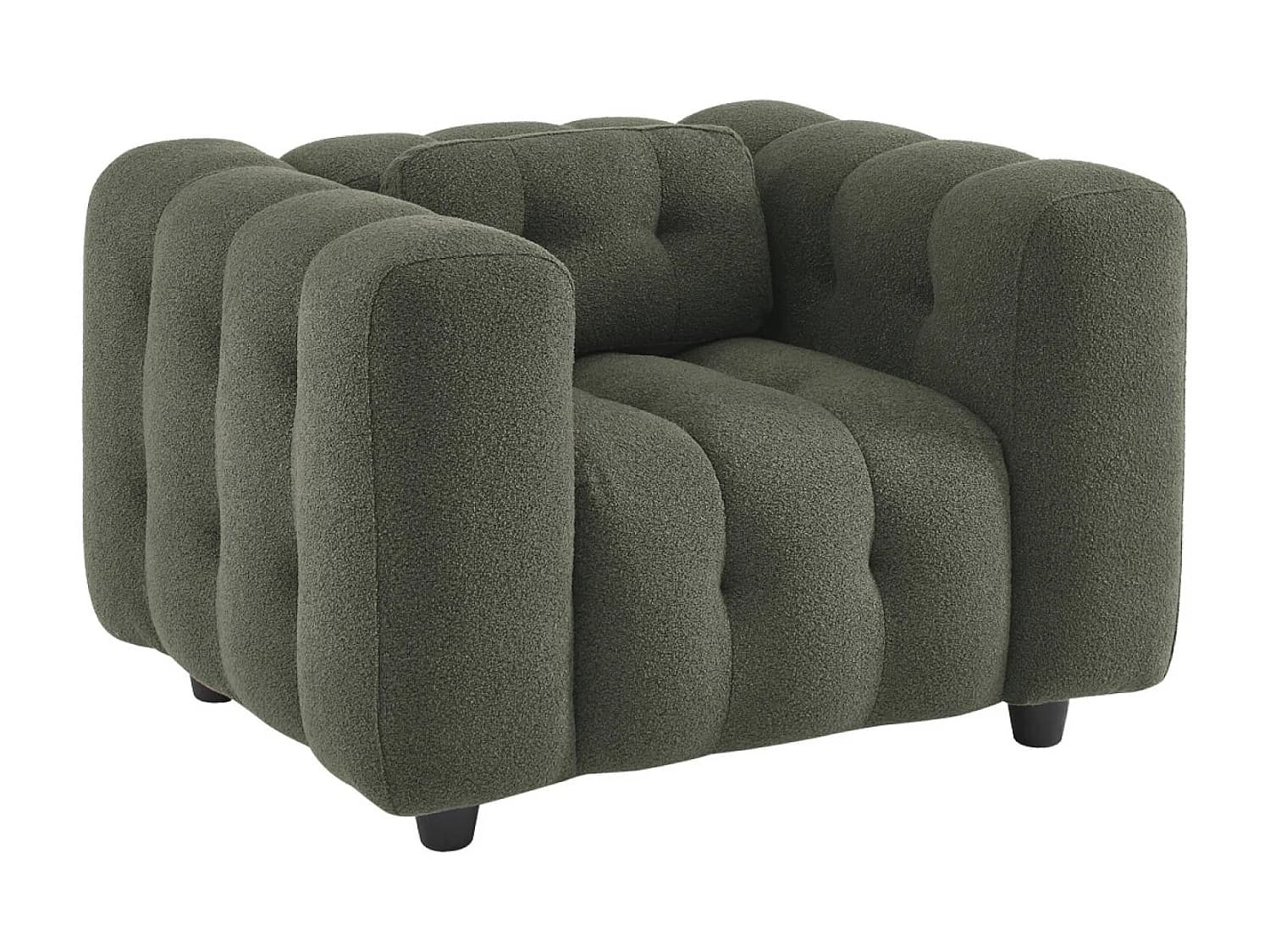 Fauteuil 1 place en bouclette texturée capitonné kaki foncé structure bois d'eucalyptus et contreplaqué