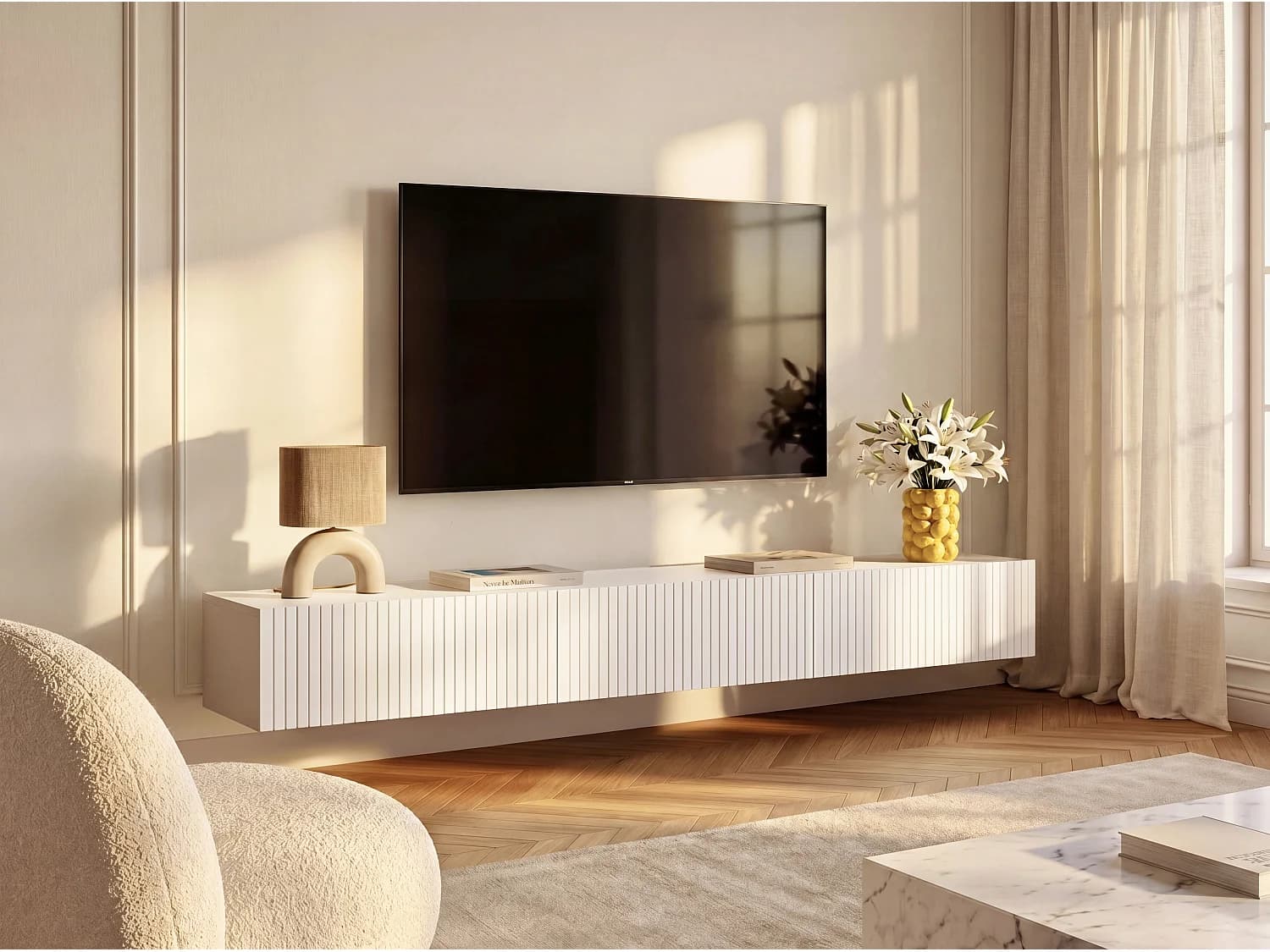 Meuble TV suspendu avec 3 portes - Blanc - DANTAY