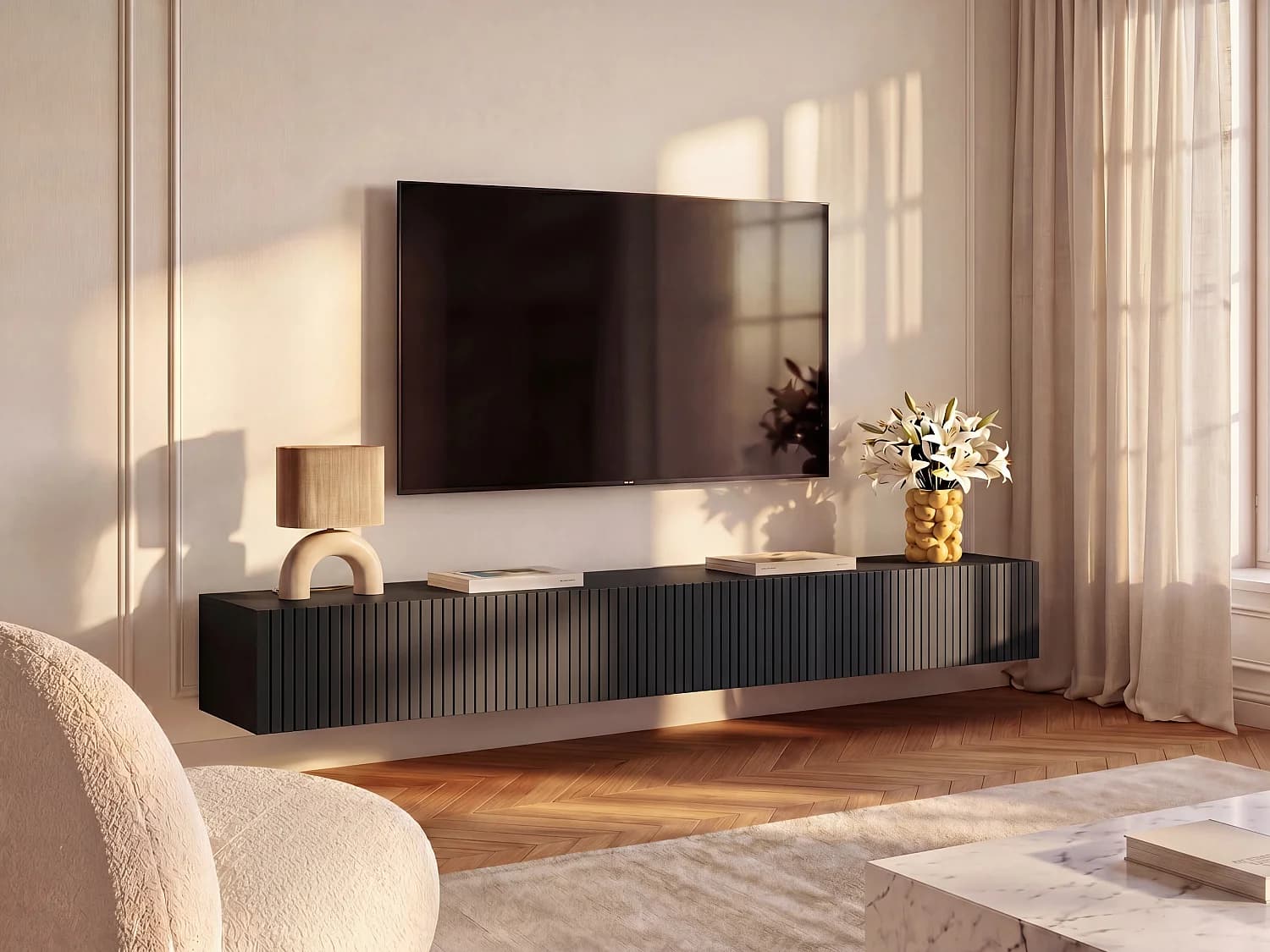 Meuble TV suspendu avec 3 portes - Noir - DANTAY
