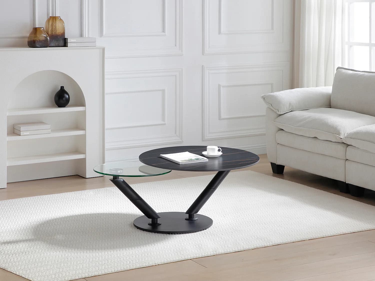 Table basse avec plateaux pivotants en céramique, verre trempé et métal - Effet marbre noir - ELDOVA