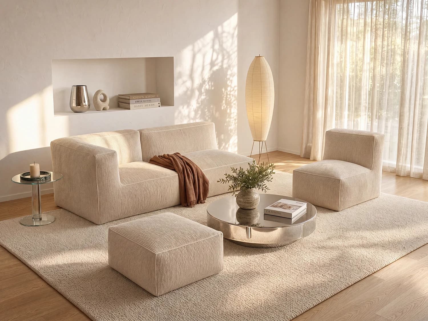 Canapé modulable avec fauteuil et pouf en velours côtelé beige NOUMARA
