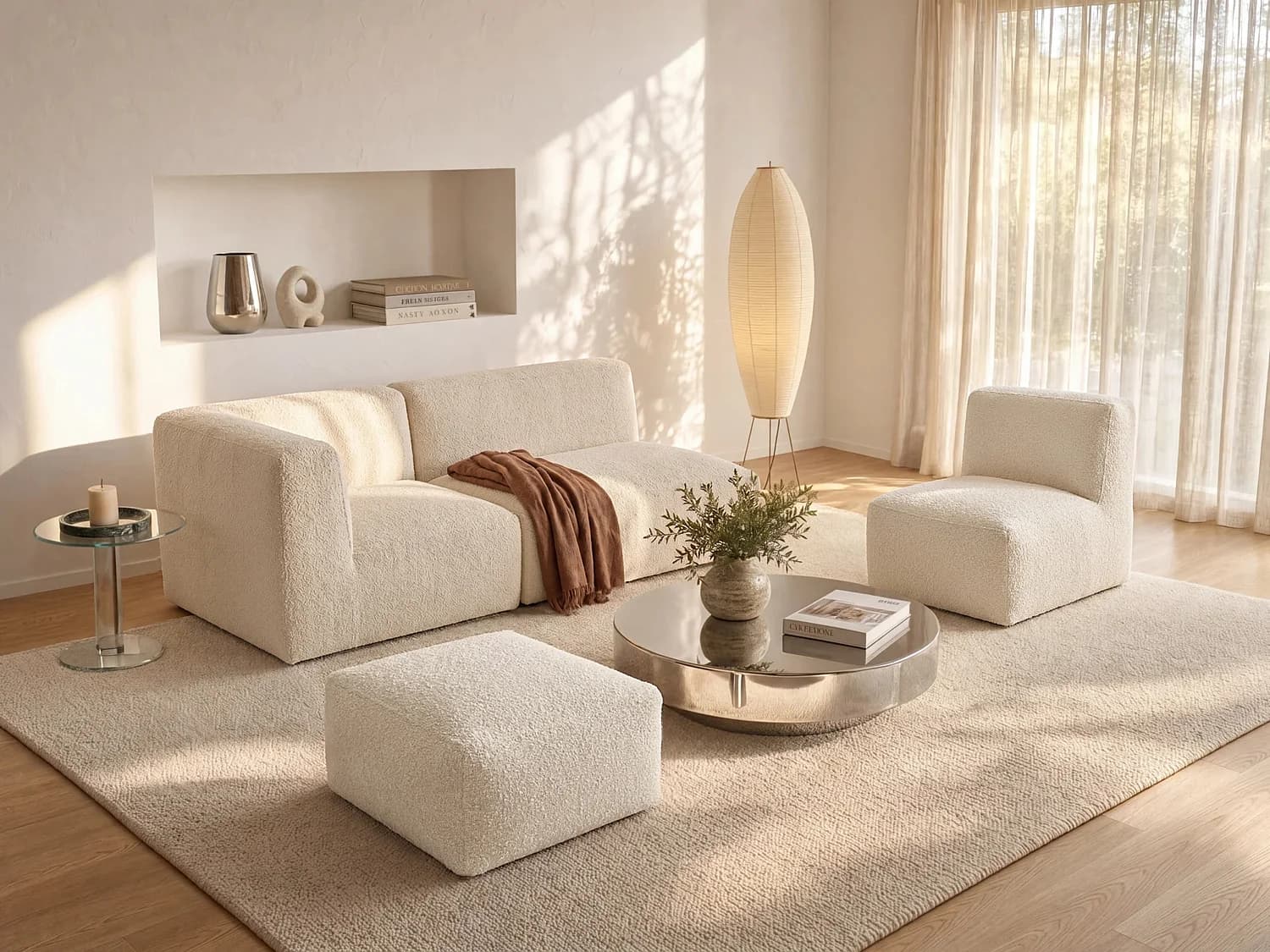 Canapé modulable avec fauteuil et pouf en tissu bouclette blanc cassé NOUMARA
