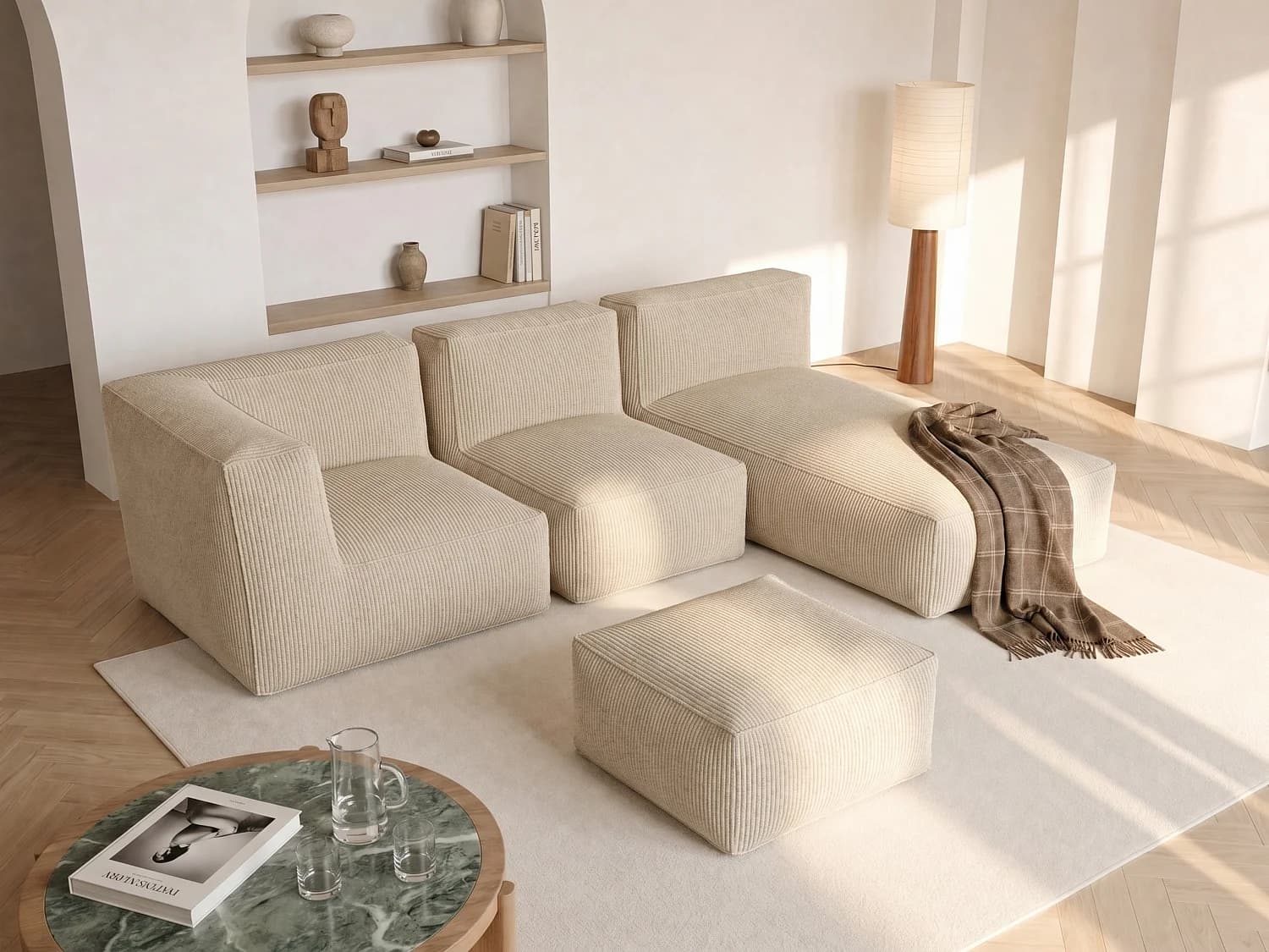 Canapé d'angle modulable avec pouf en velours côtelé beige NOUMARA
