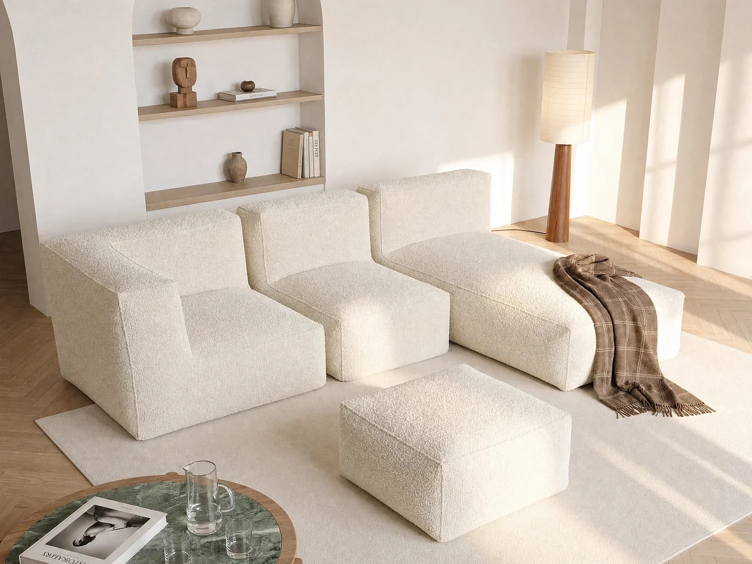 Canapé d'angle modulable avec pouf en tissu bouclette blanc cassé NOUMARA
