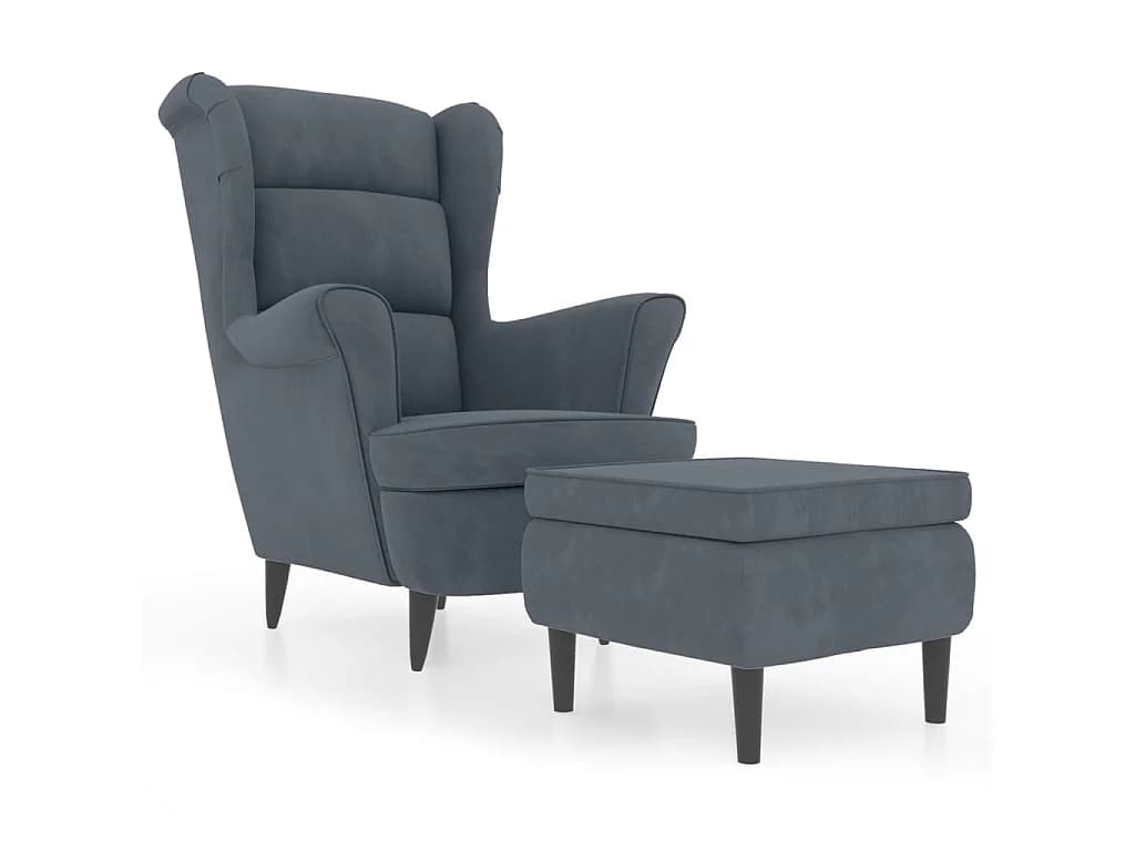 Fauteuil à oreilles avec tabouret gris foncé velours