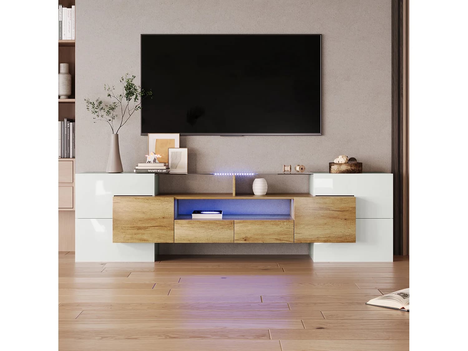 Meuble TV - 200x38x48cm LED brillant blanc et gris - finition verre - 6 portes de rangement 2 tiroirs 3 compartiments - coloris