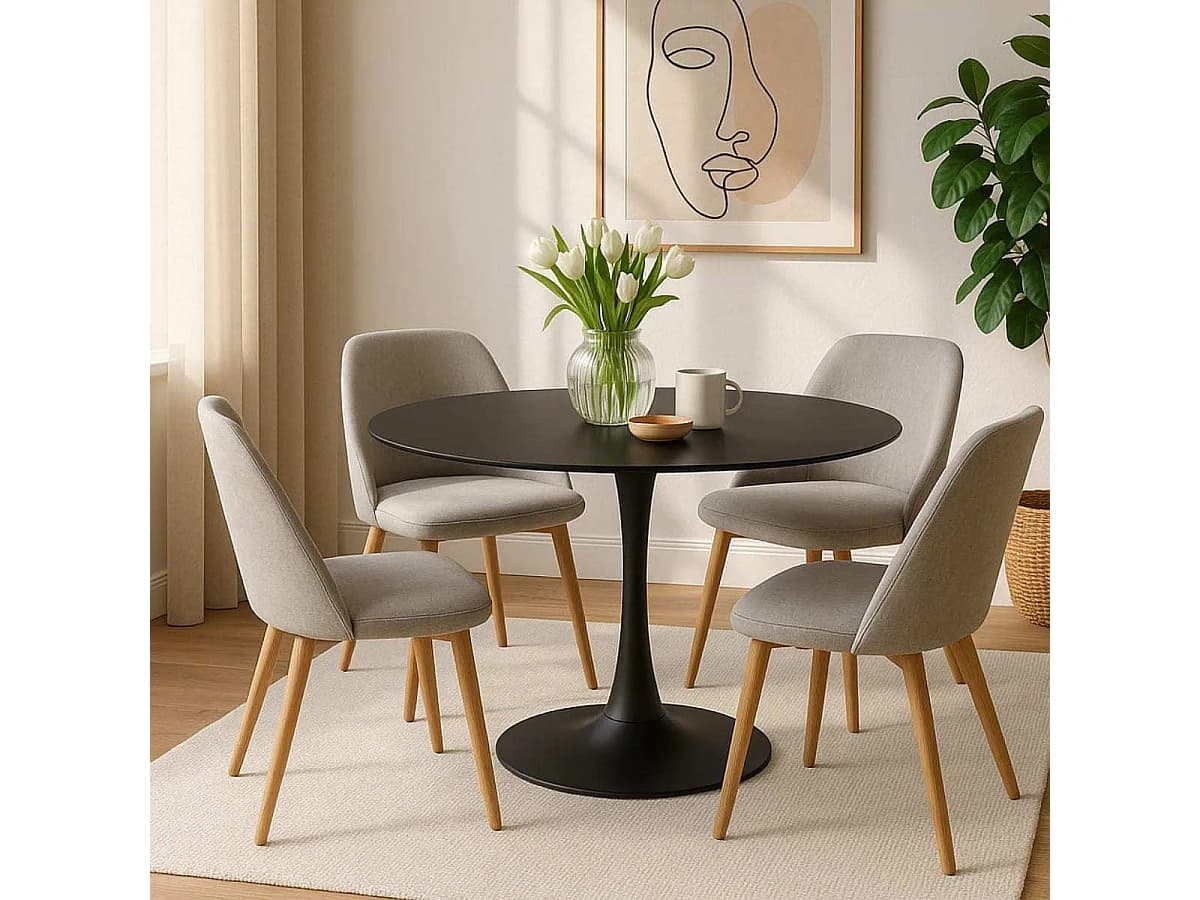 Table à manger ronde pour 4 à 5 personnes diamètre 100 cm, finition laquée mate noire, base ronde en métal noir - TULIPS