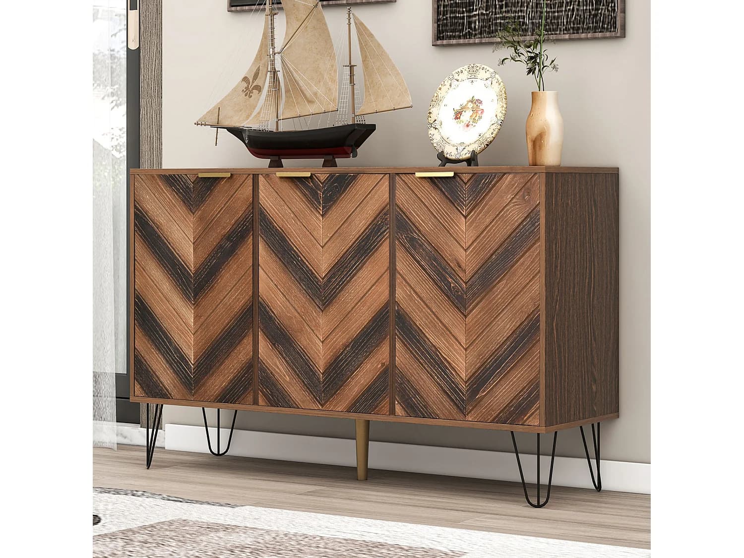 Buffet avec 3 portes - stylés et espace de rangement généreux - Petite armoire couleur bois+noir 120x76.5x38 cm