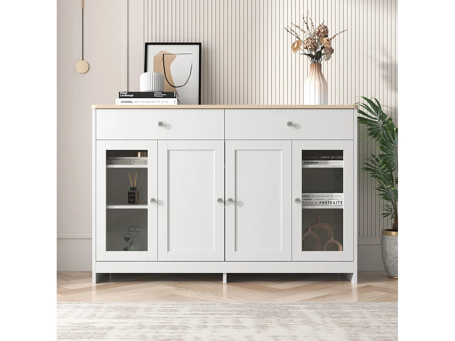 Buffet en bois blanc veiné 120 Lx37 Bx80H(cm) - Buffet avec 4portes avec verre et 2 tiroir pour cuisine, salon, salle à manger - Blanc