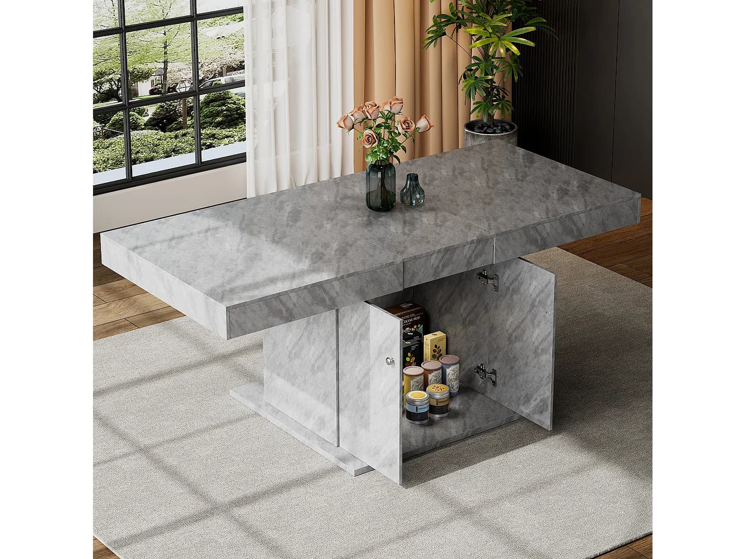Table à manger extensible 4 à 6 couverts avec 2 portes - L140/180xW80xH76cm - Panneau de particules - Gris