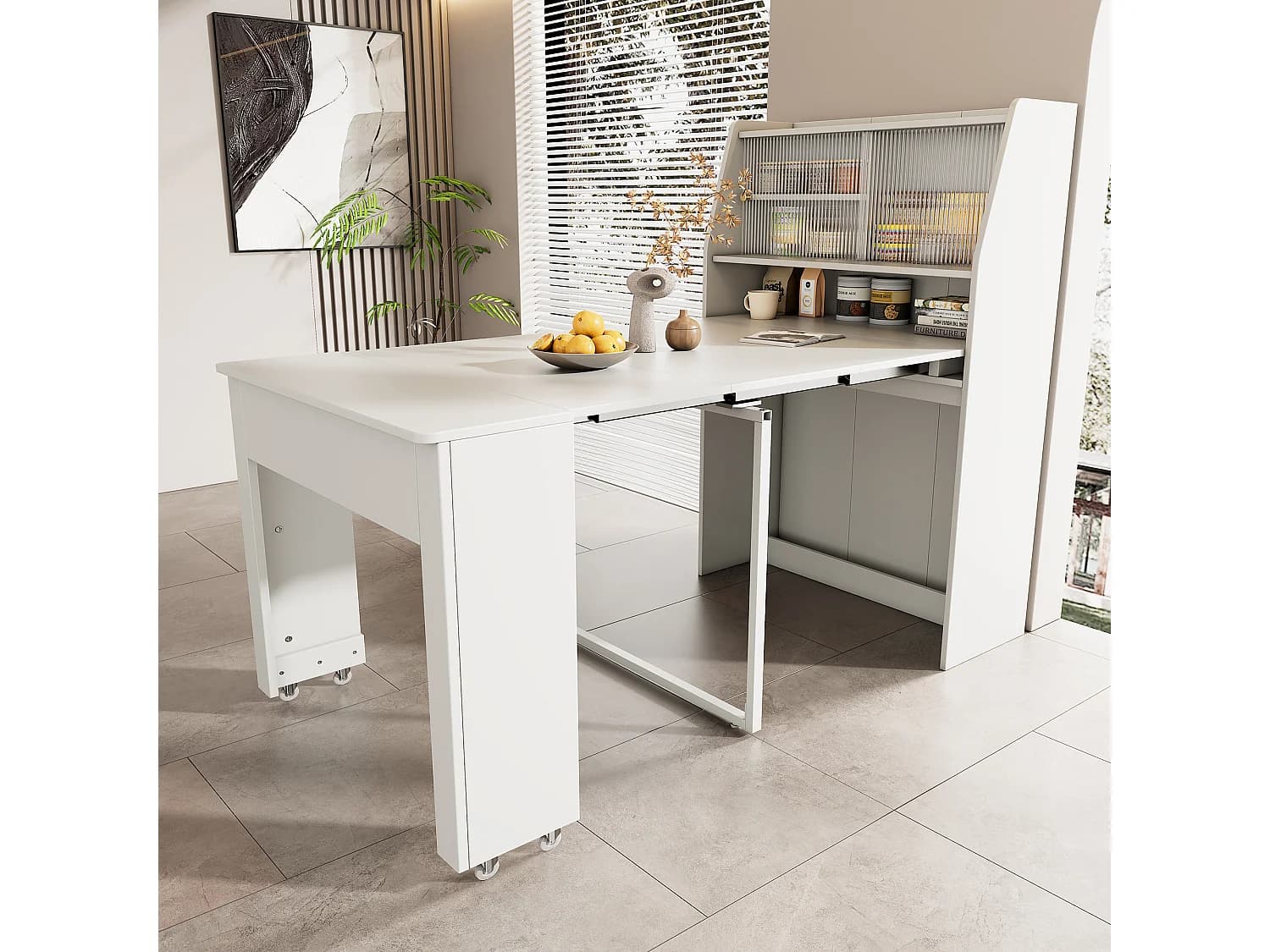 Table à manger extensible 4 à 6 couverts avec placard - L52/132.5xB80xH76cm - Panneau de particules - Blanc