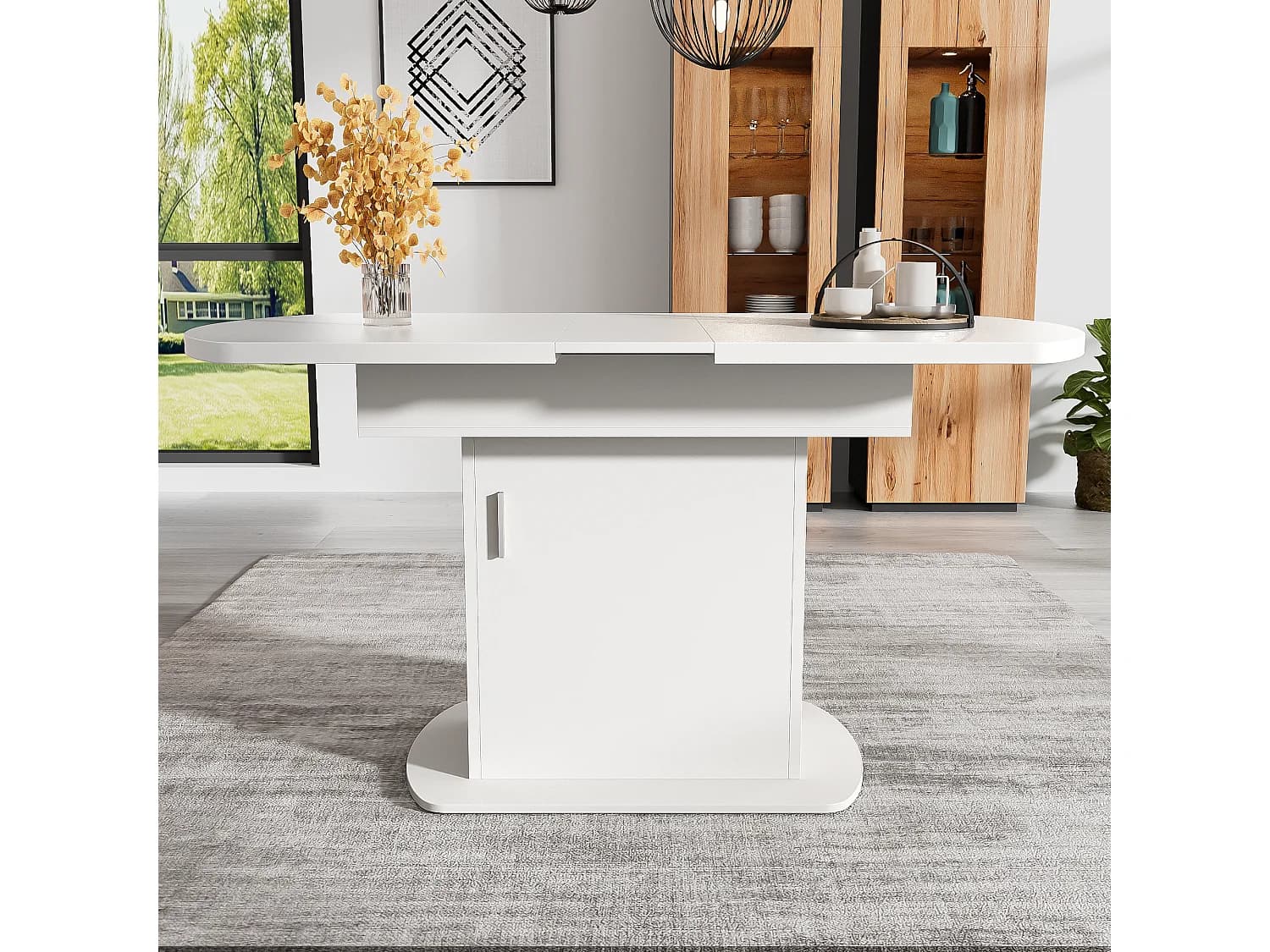Table à manger ovale extensible 4 à 6 couverts avec étagères - L110/130xW70xH75cm - Panneau de particules - Blanc + argent