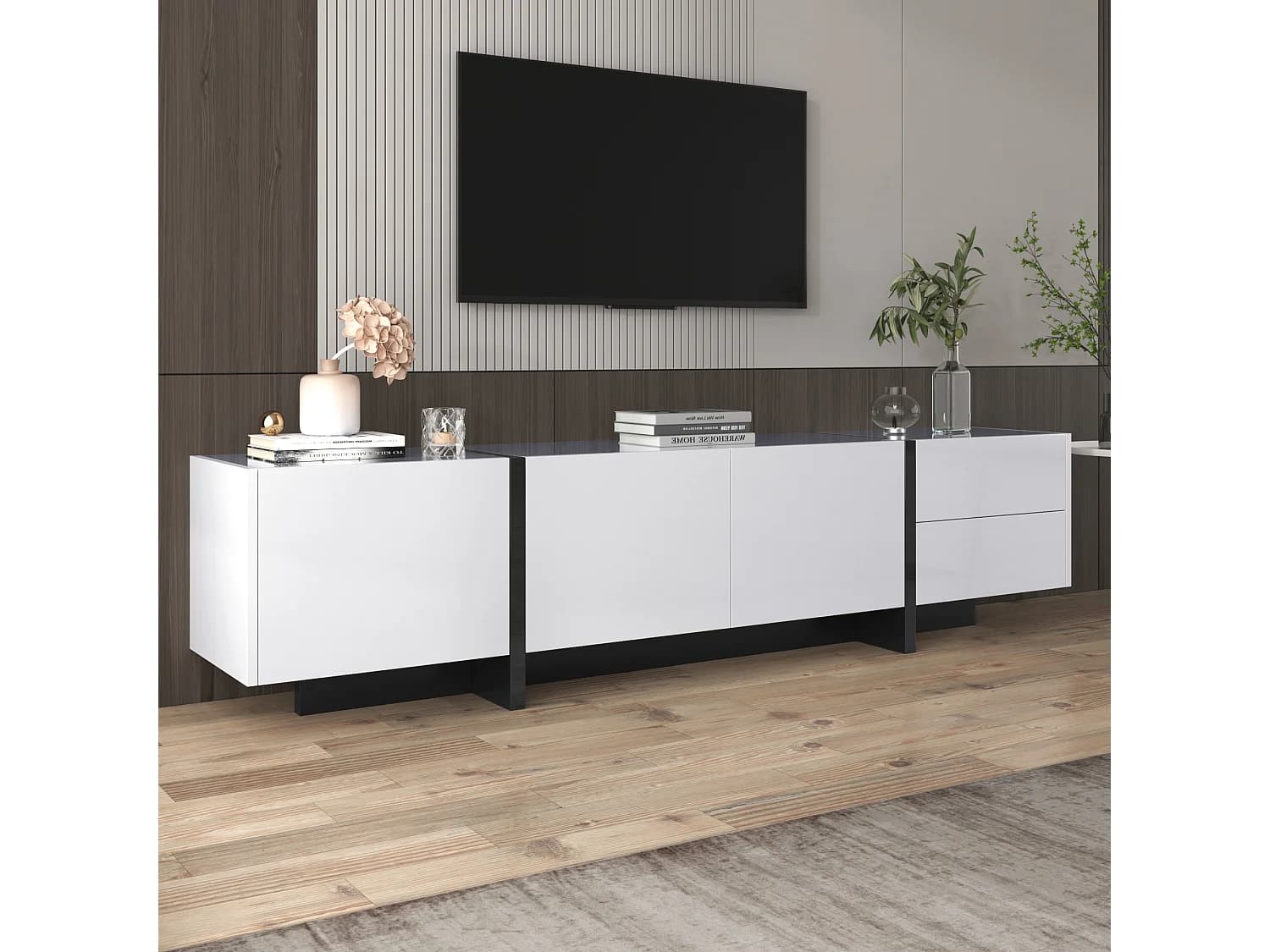 Meubles TV avec 3 portes et 2 tiroirs - 190 x 35 x 45 cm - Panneaux de particules - Blanc + noir