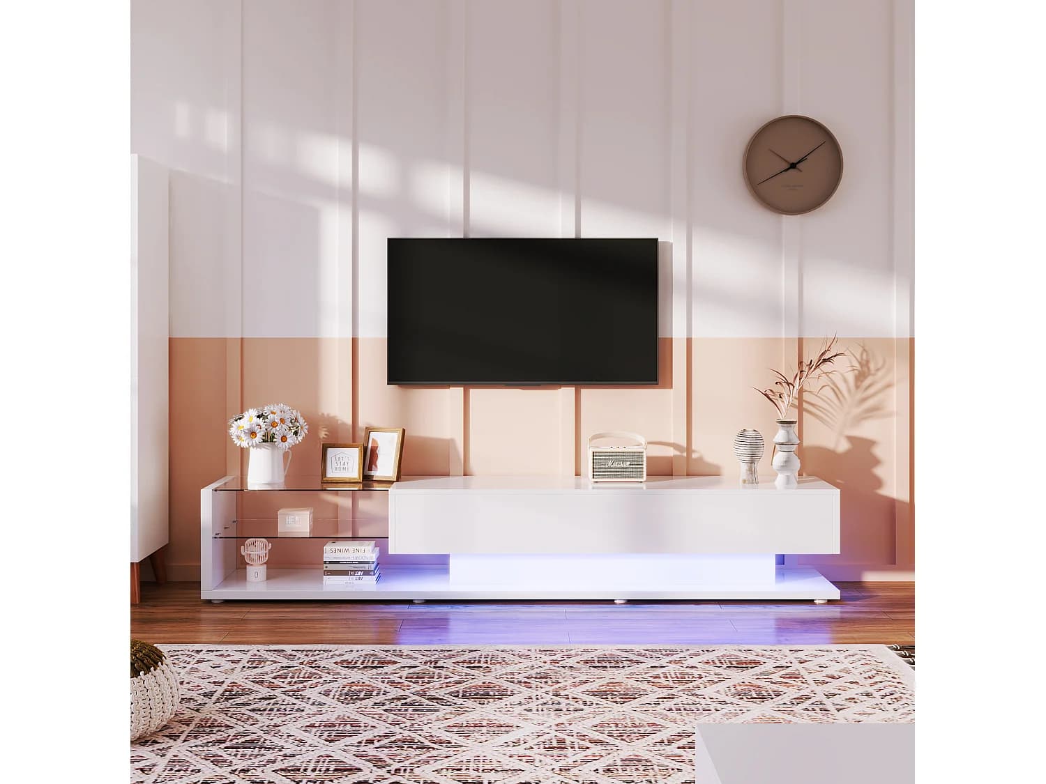 Meubles TV avec 2 tiroirs et étagères en verre - 170 x 36 x 38 cm - LEDs - Panneaux de particules - Blanc