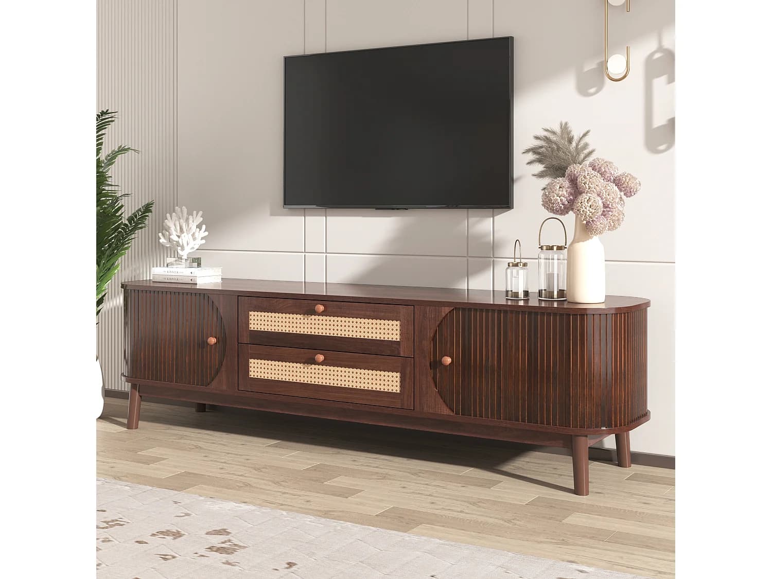 Meuble TV avec 2 tiroirs et 3 portes coulissantes - 170 x 39.5 x 46 cm - Panneaux de particules - Marron