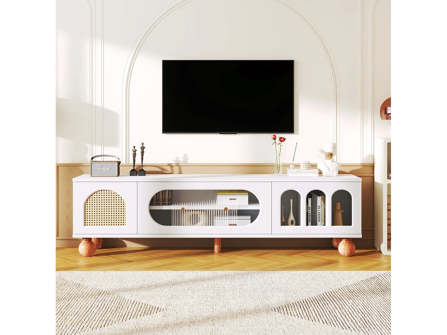 Meubles TV avec 4 portes en rotin et en verre - 170 x 37 x 47 cm - panneaux de particules et pieds en bois massif - blanc