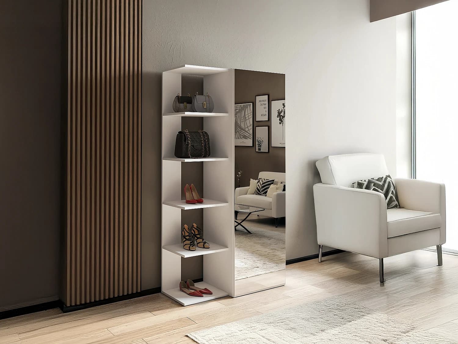 Meuble à chaussures avec 4 étagères et 1 porte miroir - Blanc - SYLANY