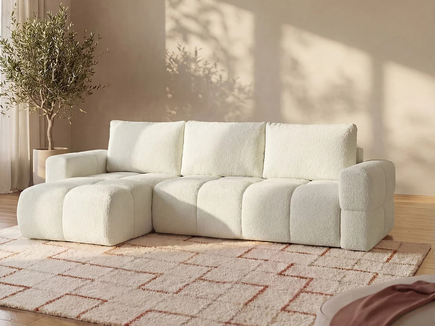 Canapé d'angle réversible convertible en tissu bouclette beige ISSORO II