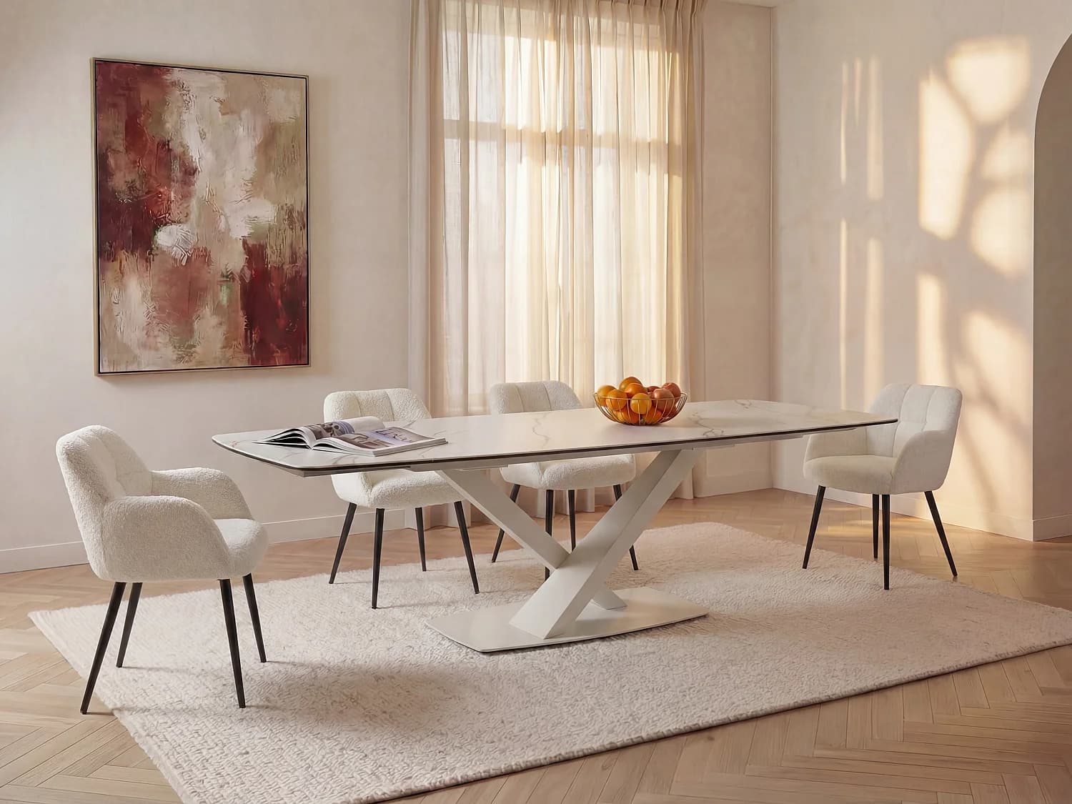 Table à manger extensible 6 à 10 personnes en verre trempé, céramique et métal - Effet marbre blanc - MALATA de Maison Céphy