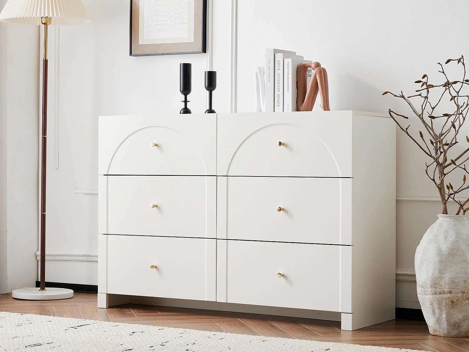 Buffet moderne - 6 portes avec poignées en métal - Blanc